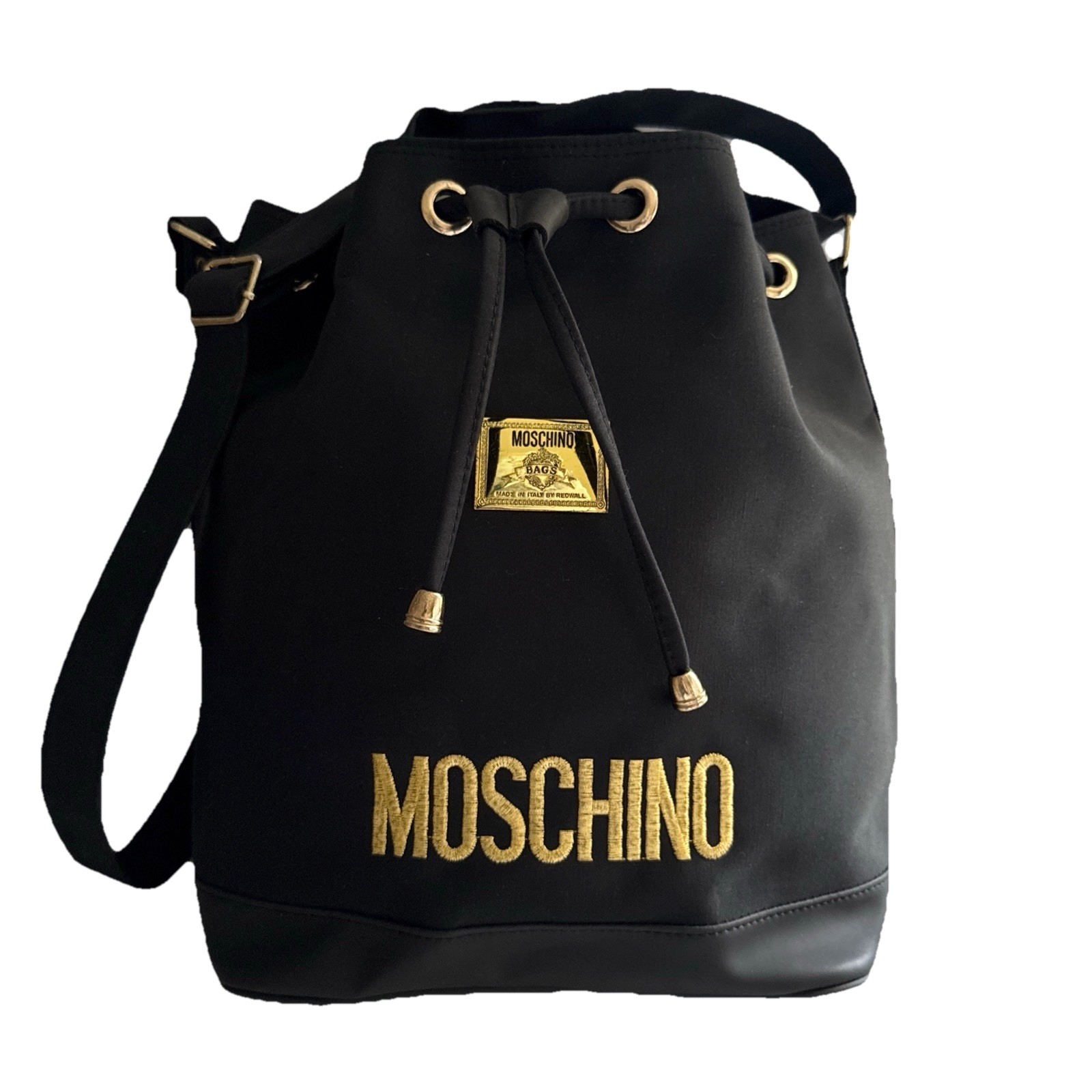 Moschino Bucket Drawstring Redwall Vintage Black Nylon Bucket Shoulder Bag Purse