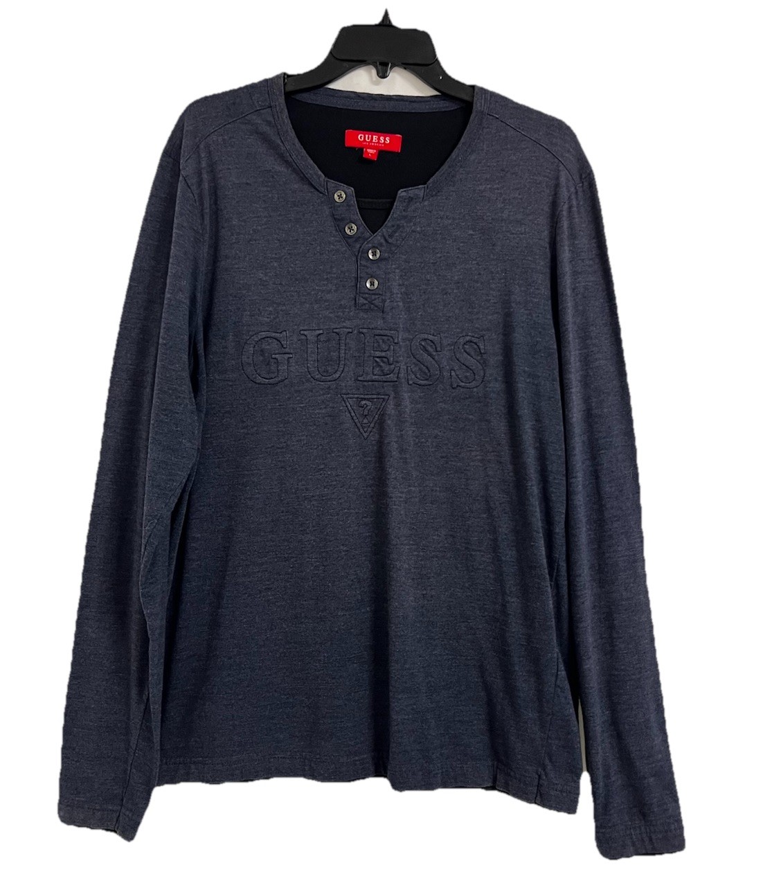 Guess Reese Logo Marled Henley V-Neck Shirt L Blue Long Sleeve 4 Button Casual