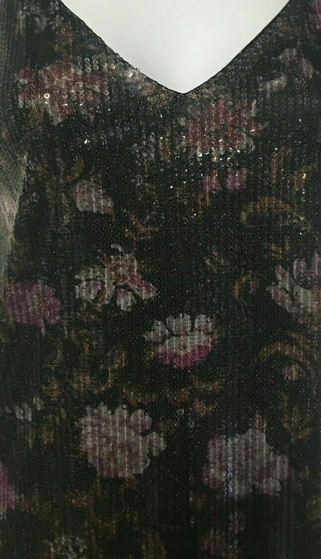 Sequin Dress Black Floral Juniors Sz M Spaghetti T-Strap V-Neck Xhilaration