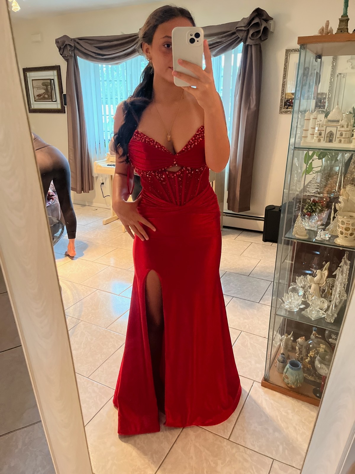 Ladivine by Cinderella Divine CM378 Red Beaded Fit & Flare Dress Slit 8