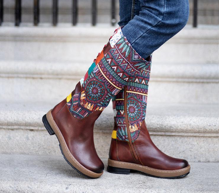 Womens Boho Leather Splicing Knee High Boots Zip Lace Up Shoes Casual Ethnic