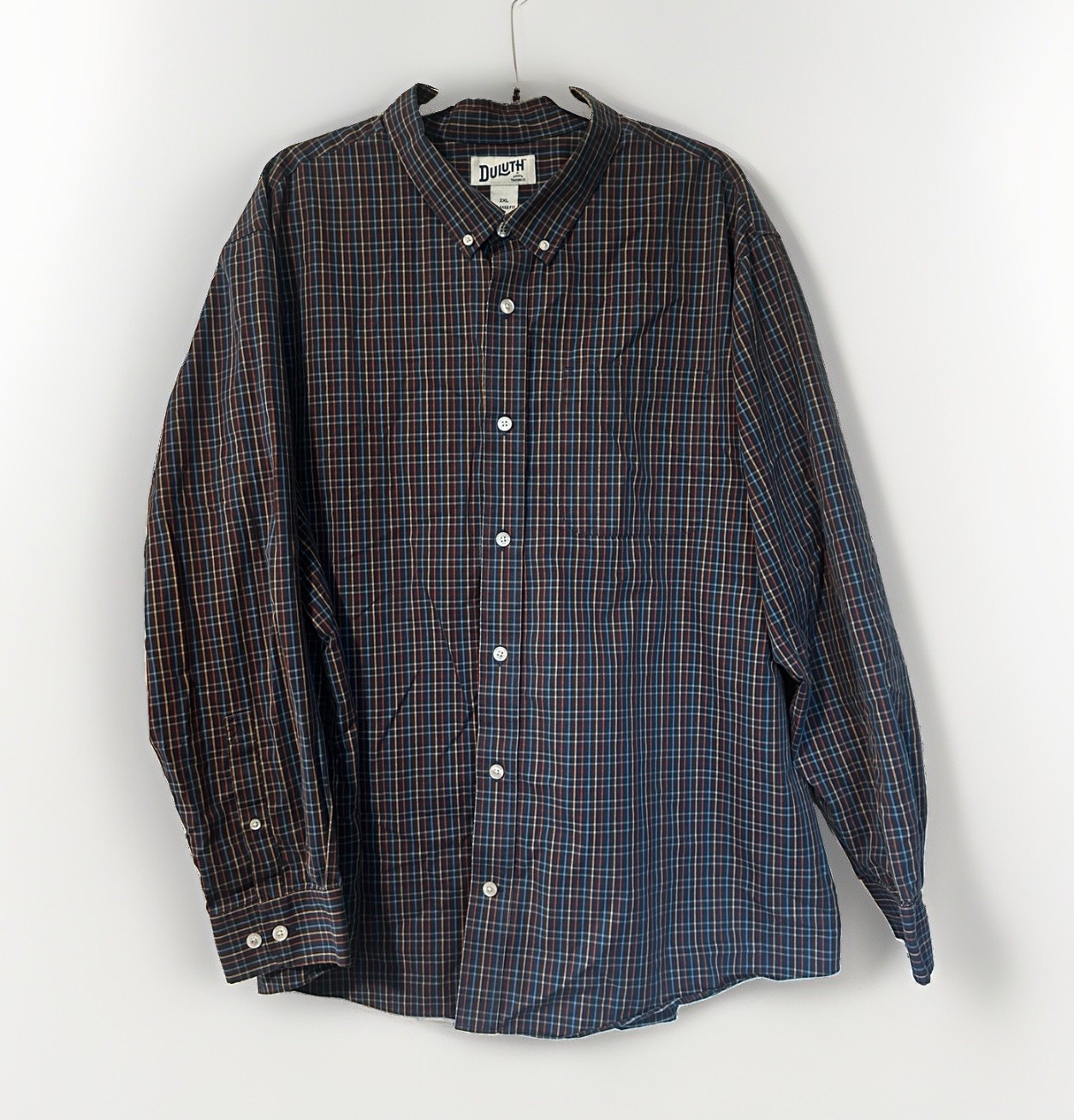 Duluth Trading Co Button Down Shirt Mens 2XL Blue Red Plaid Relaxed Fit Cotton