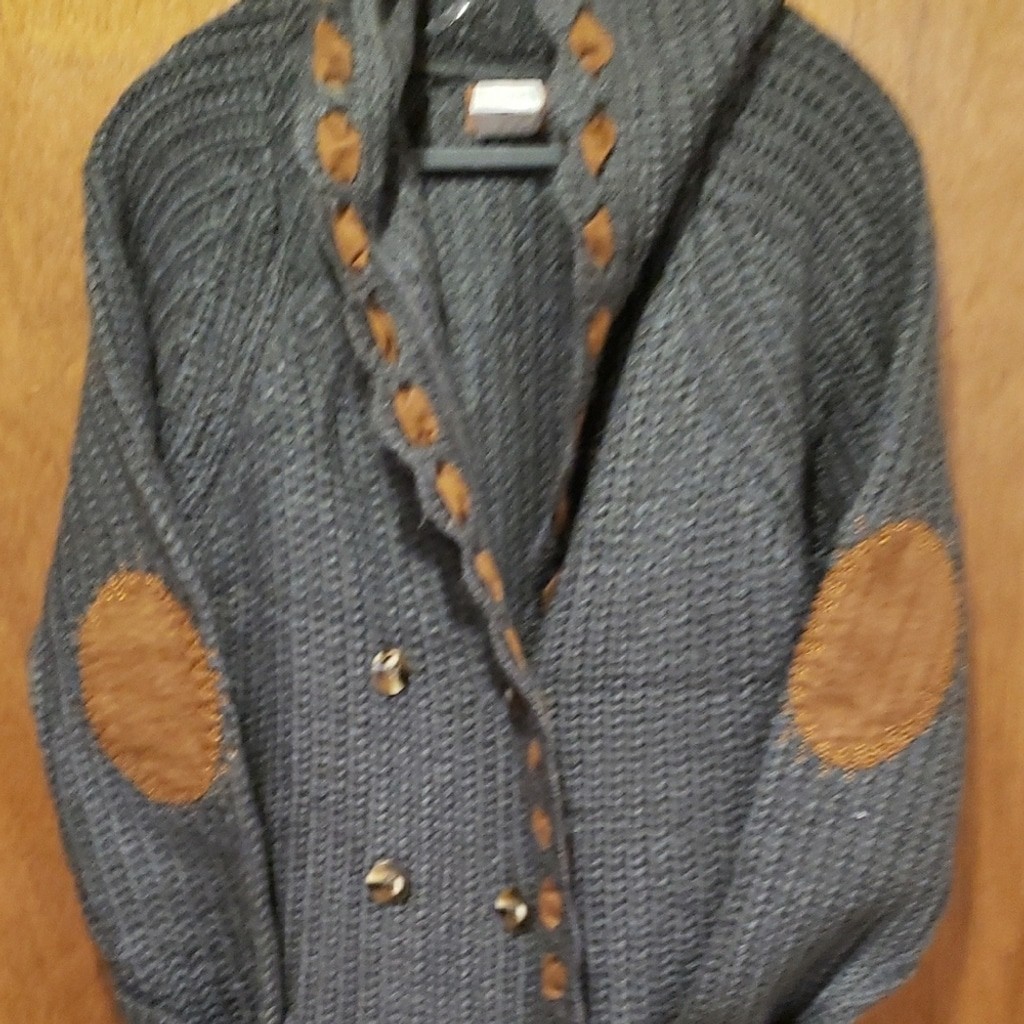 POL Gray Knit Cardigan Duster with Brown Ribbon Accents And Elbow Patches.