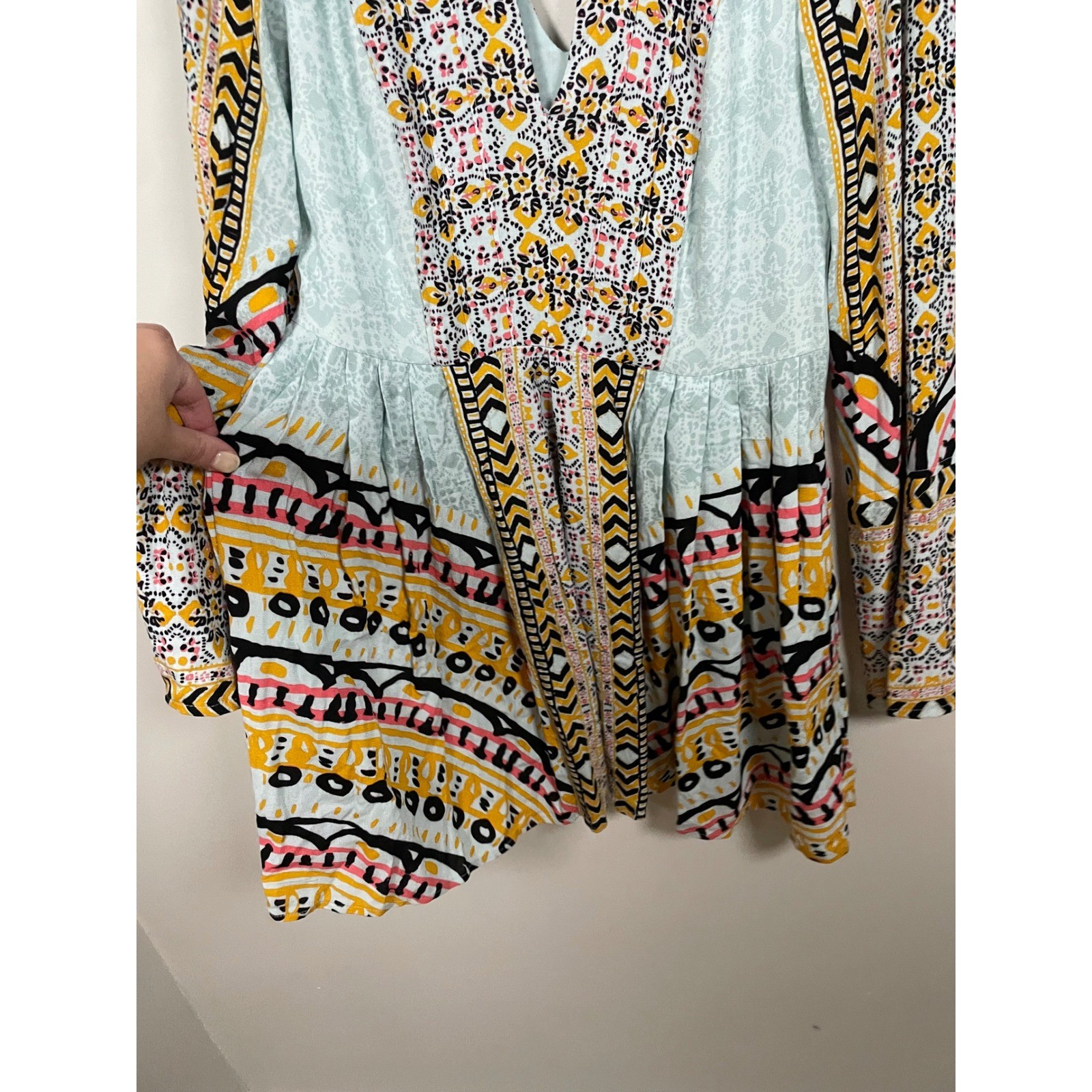 Free People Tegan Border Print Long Sleeve Mini Dress Size 2 Bohemian