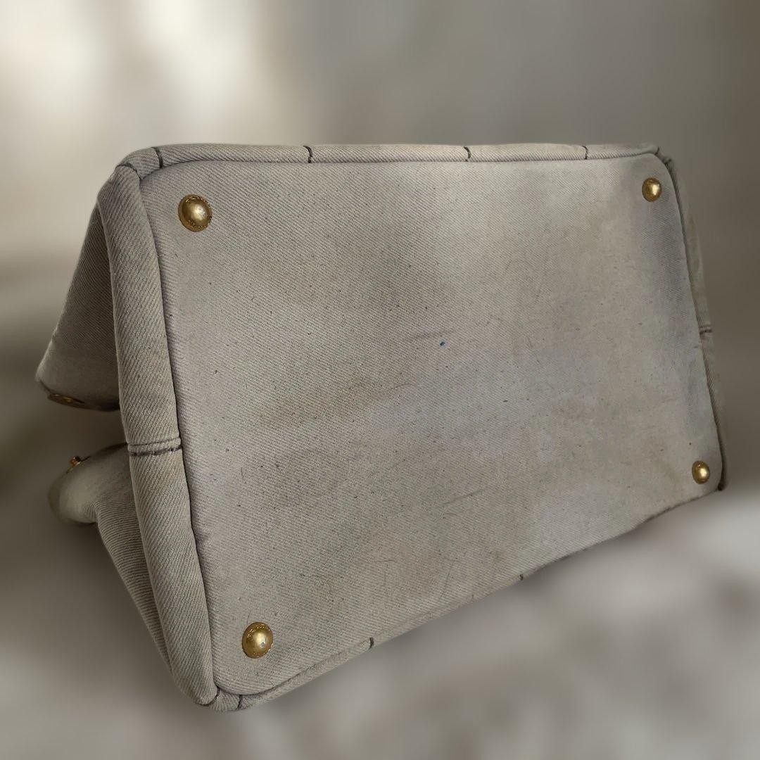 PRADA Canapa Canvas Tote Handbag Greige Triangle Logo Plate Bag Women Junk