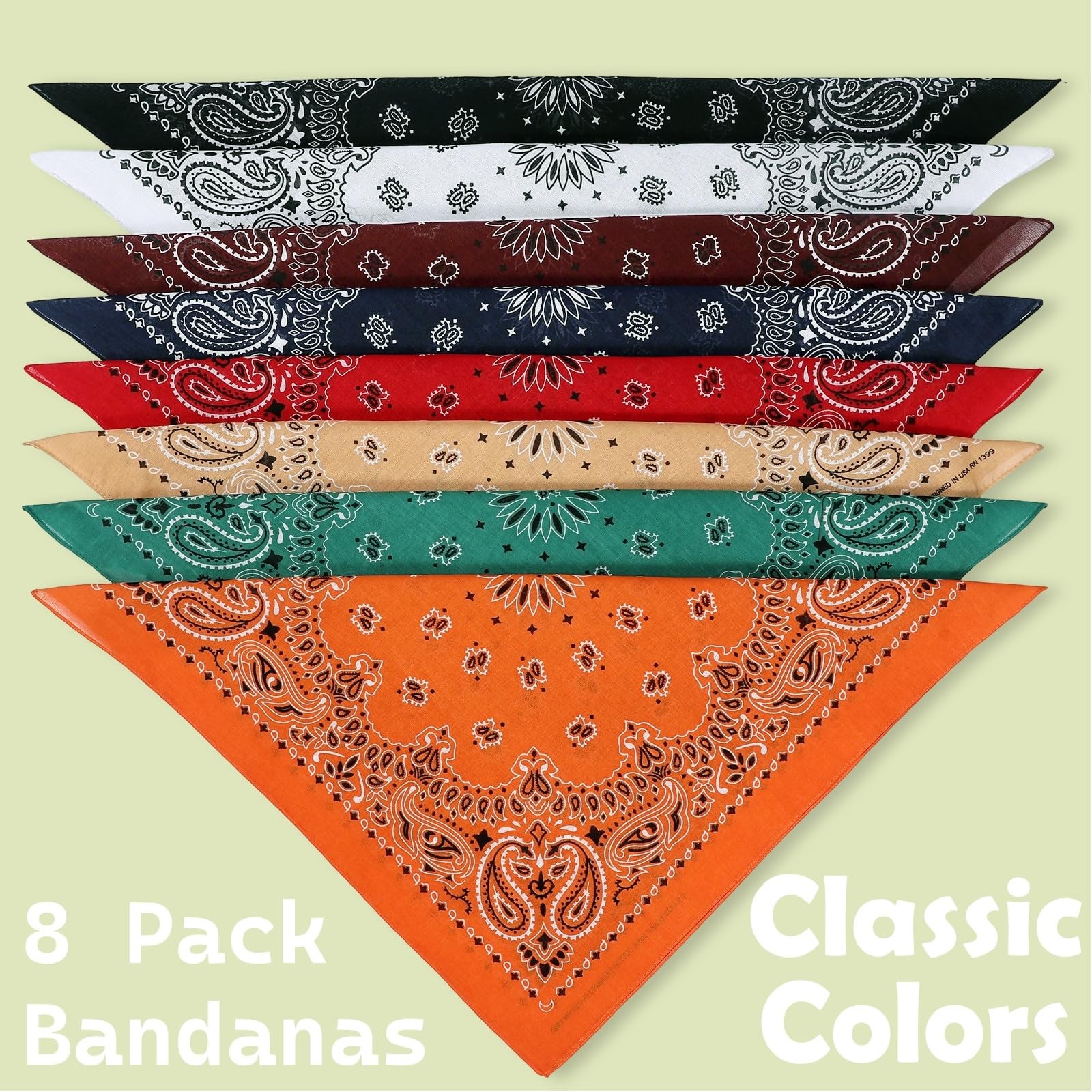 100% Soft Cotton Bandanas for Men and Women, 8 Pack Paisley Classic Colors