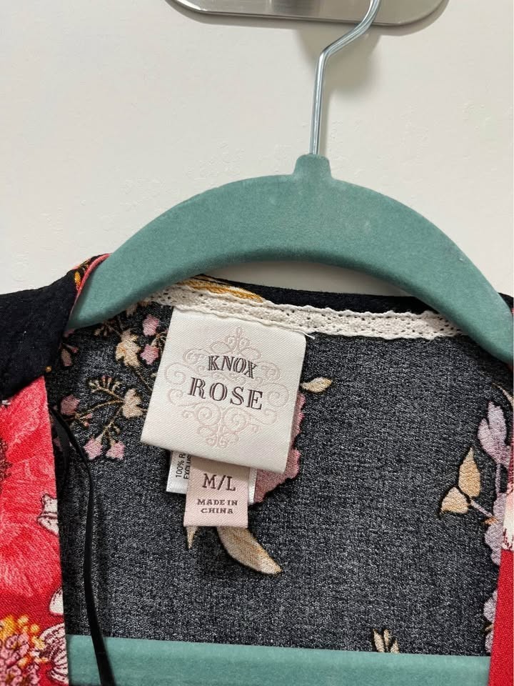 Knox Rose Black and Red Floral Kimono Cardigan Duster Side Slits M/L