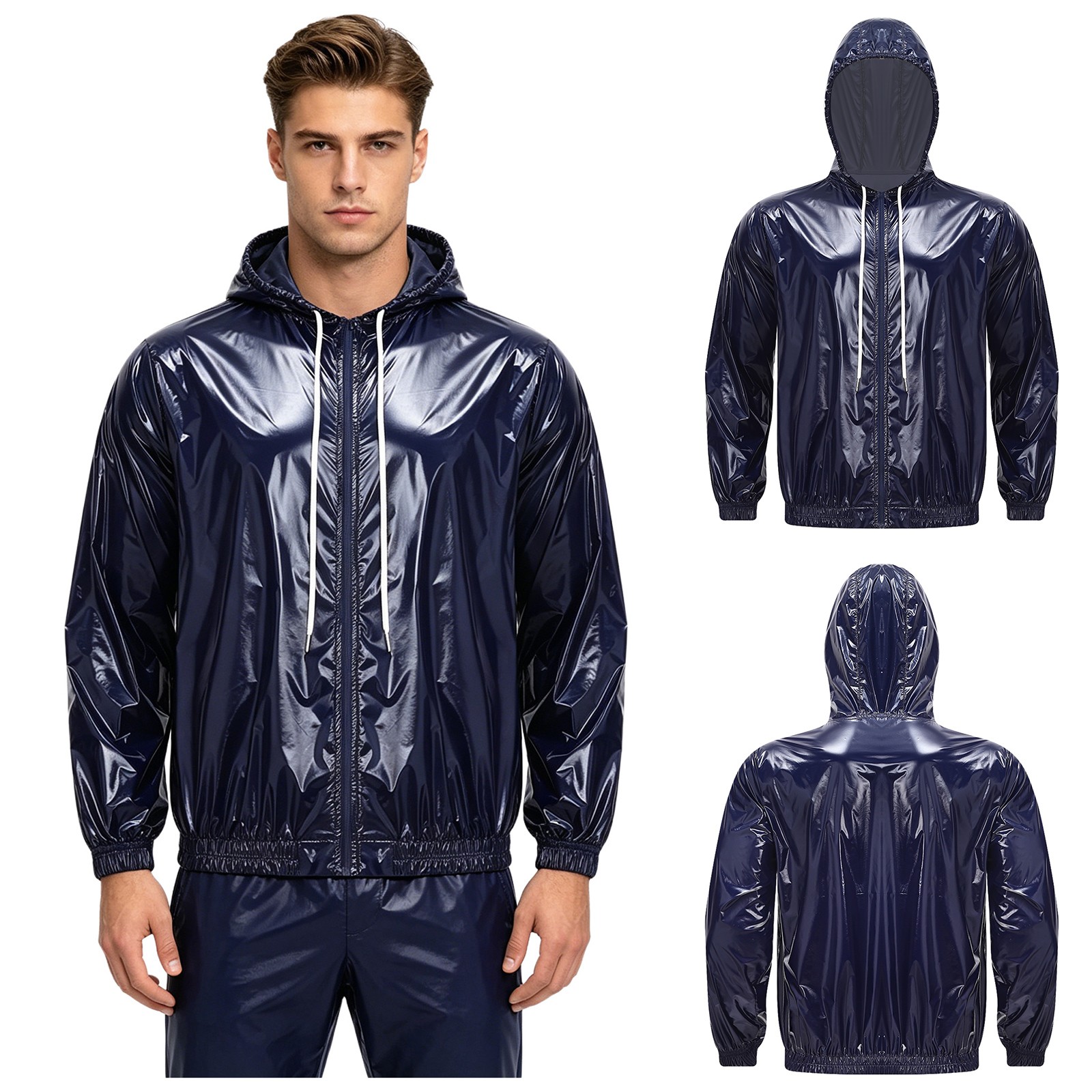 Men’s Raincoat Full Zip Jacket Tracksuit Waterproof Overcoat Windbreaker Hoodie
