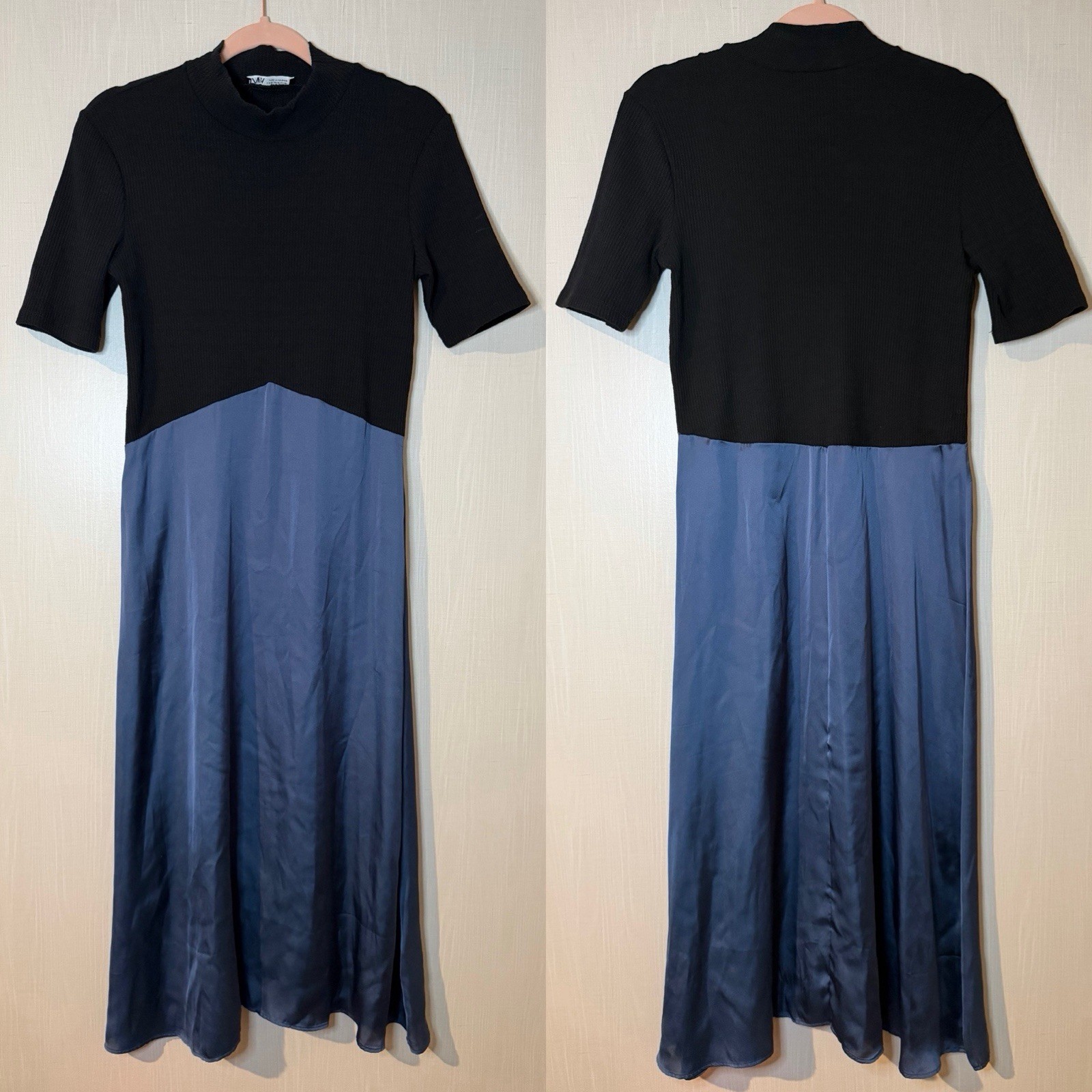 Zara Silk & Knitted Mixed Fabric Black & Blue Fitted Midi Dress Medium