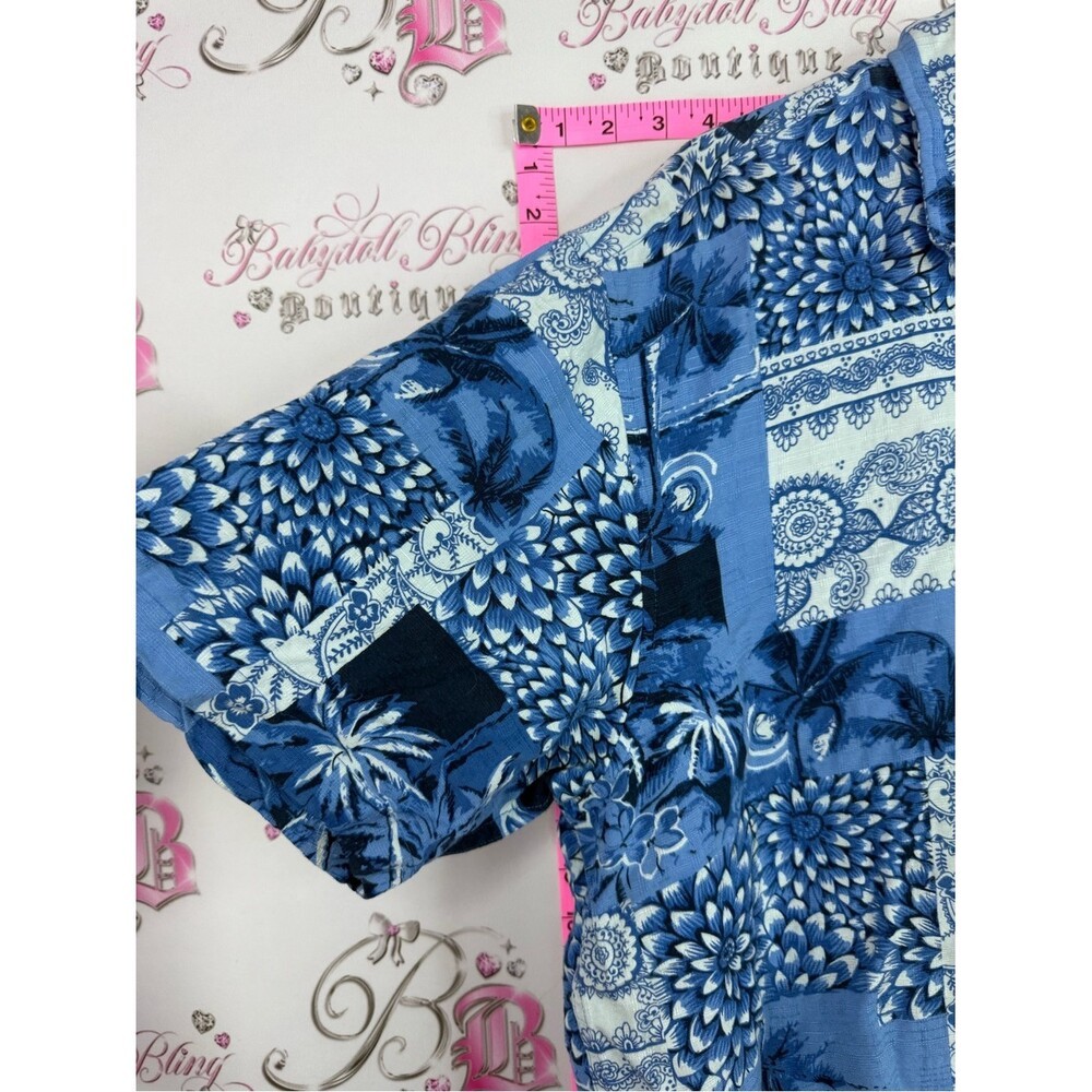 Hathaway shirt tropical palm Blue Patchwork Floral Short-Sleeve Button Down