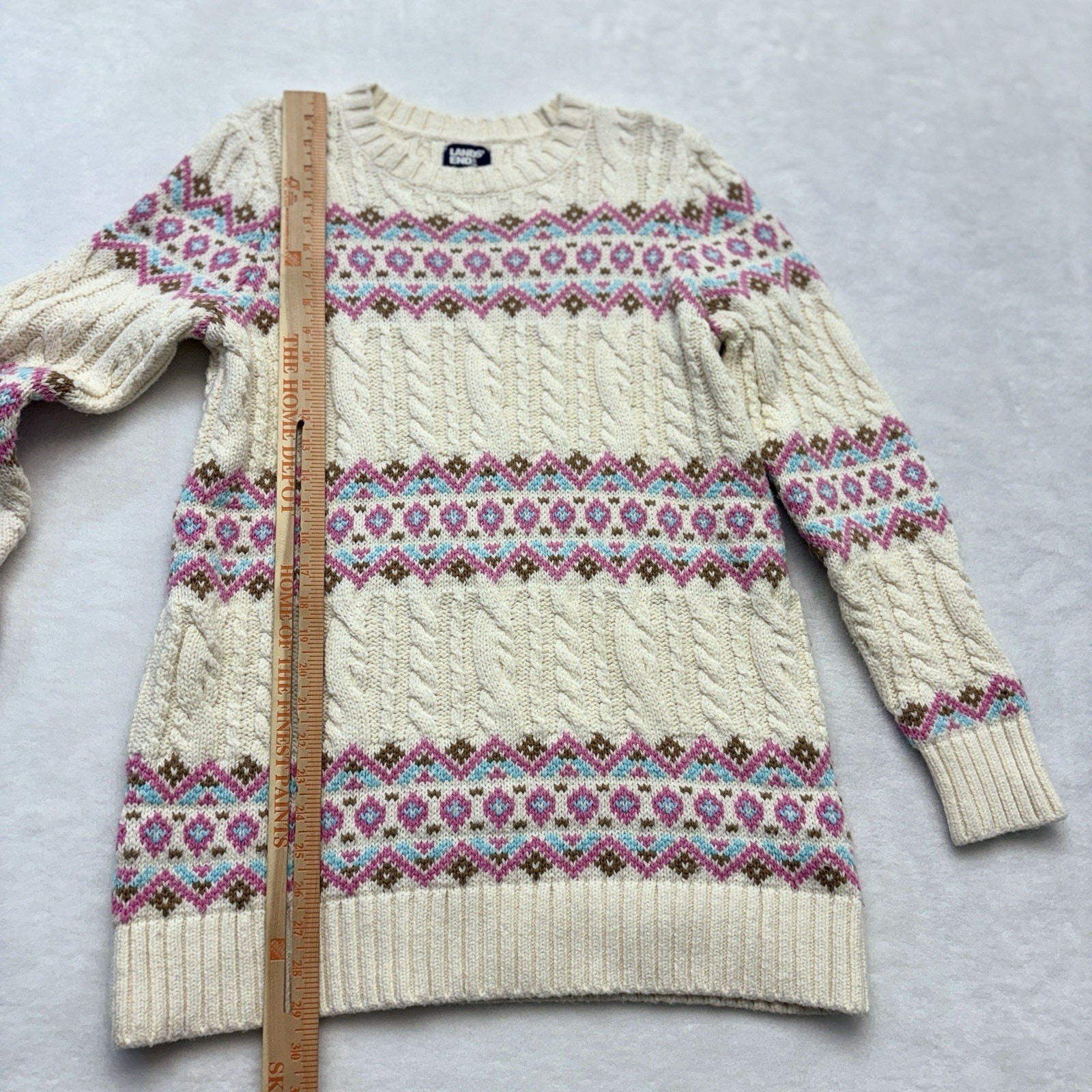 Lands End Fair Isle Cable Knit Sweater Tunic Ivory Pink Blue Women’s Size S