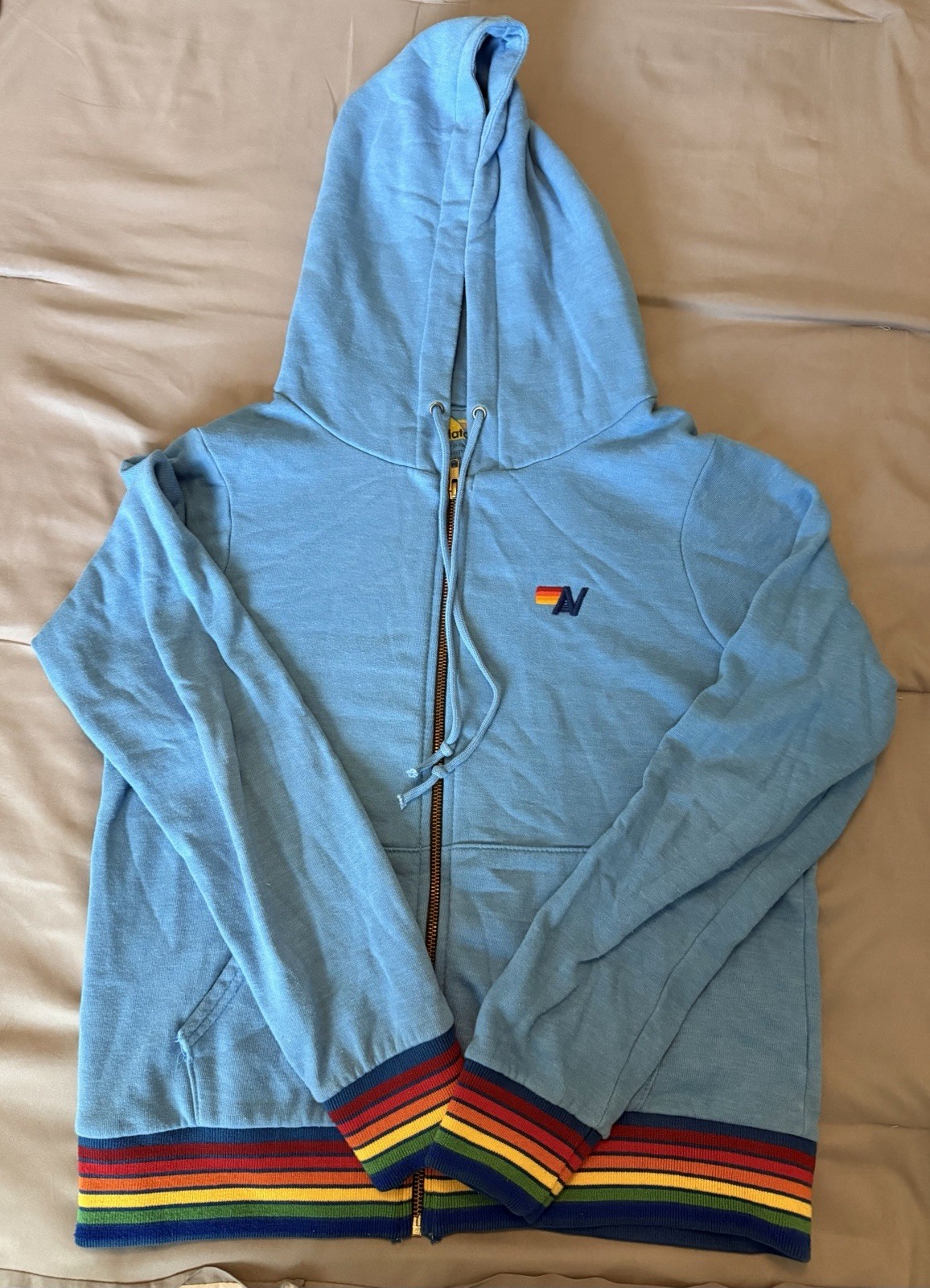 Aviator Nation Light Blue Full Zip Hoodie with Rainbow Stripes size Small