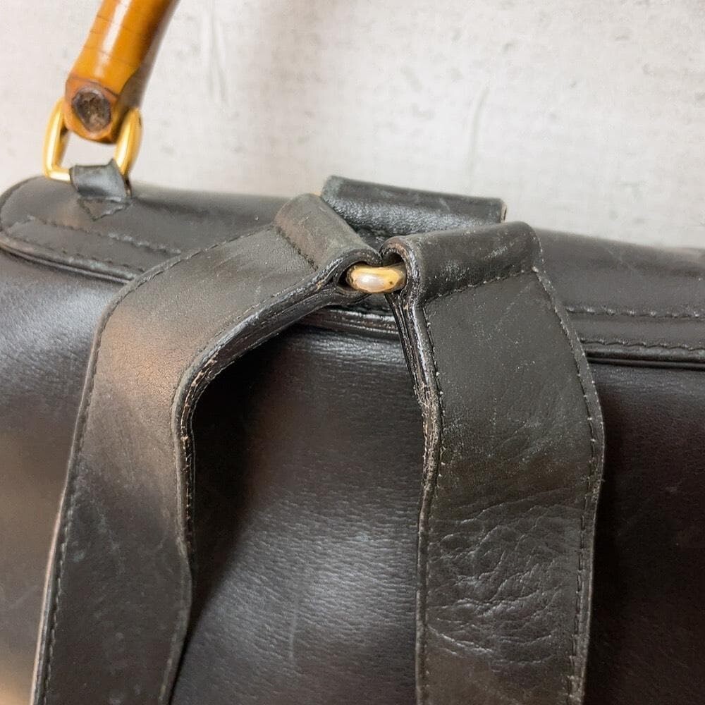 Gucci Bamboo Leather Backpack Black Vintage Turn Lock Drawstring Auth