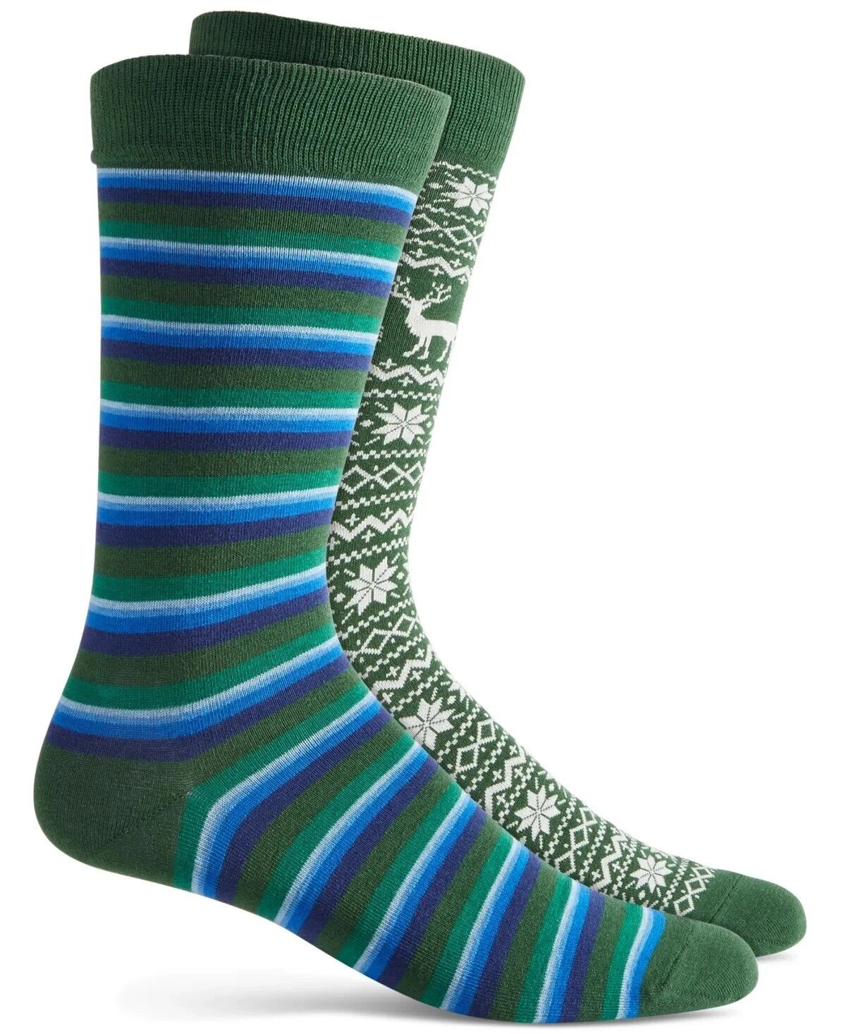 Club Room Men’s 2-Pack Crew Socks-Stripe/Fair Isle-Green-One Size.