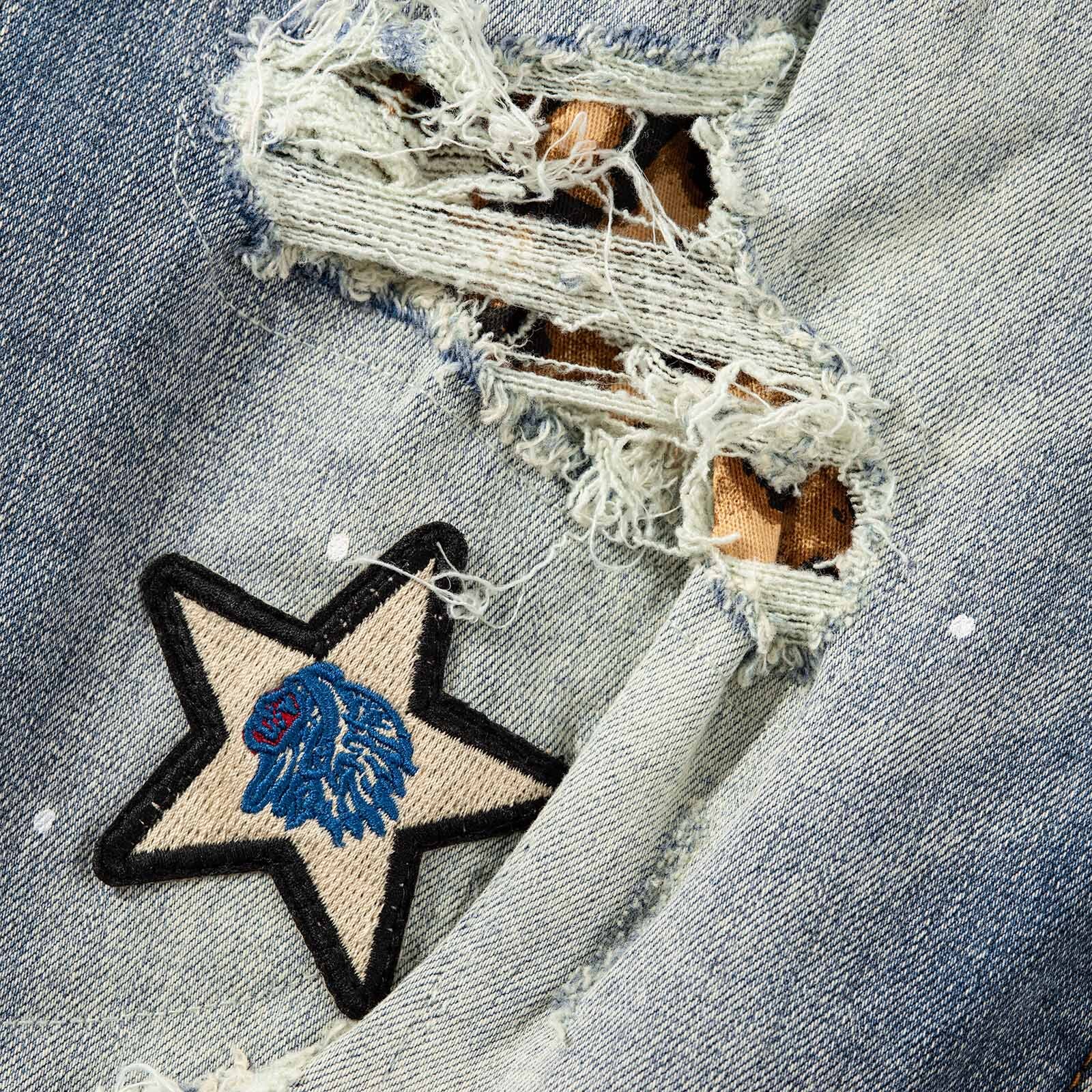 Men’s Vintage Distressed Stretch Denim Skinny Jeans with Patches and Studs