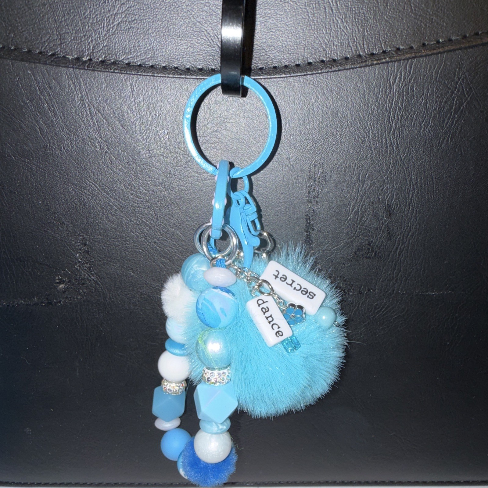 Blue Faux Fur Pom Pom Beaded Key Chain/Bag Charm w/Tassel & Detachable Clip