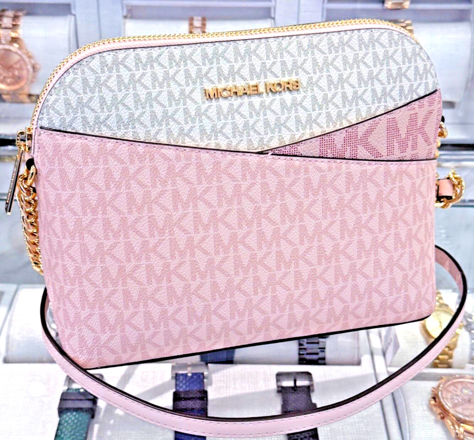 Michael Kors Jet Set Travel MD Dome Crossbody Bag MK Signature Rose Powder Multi