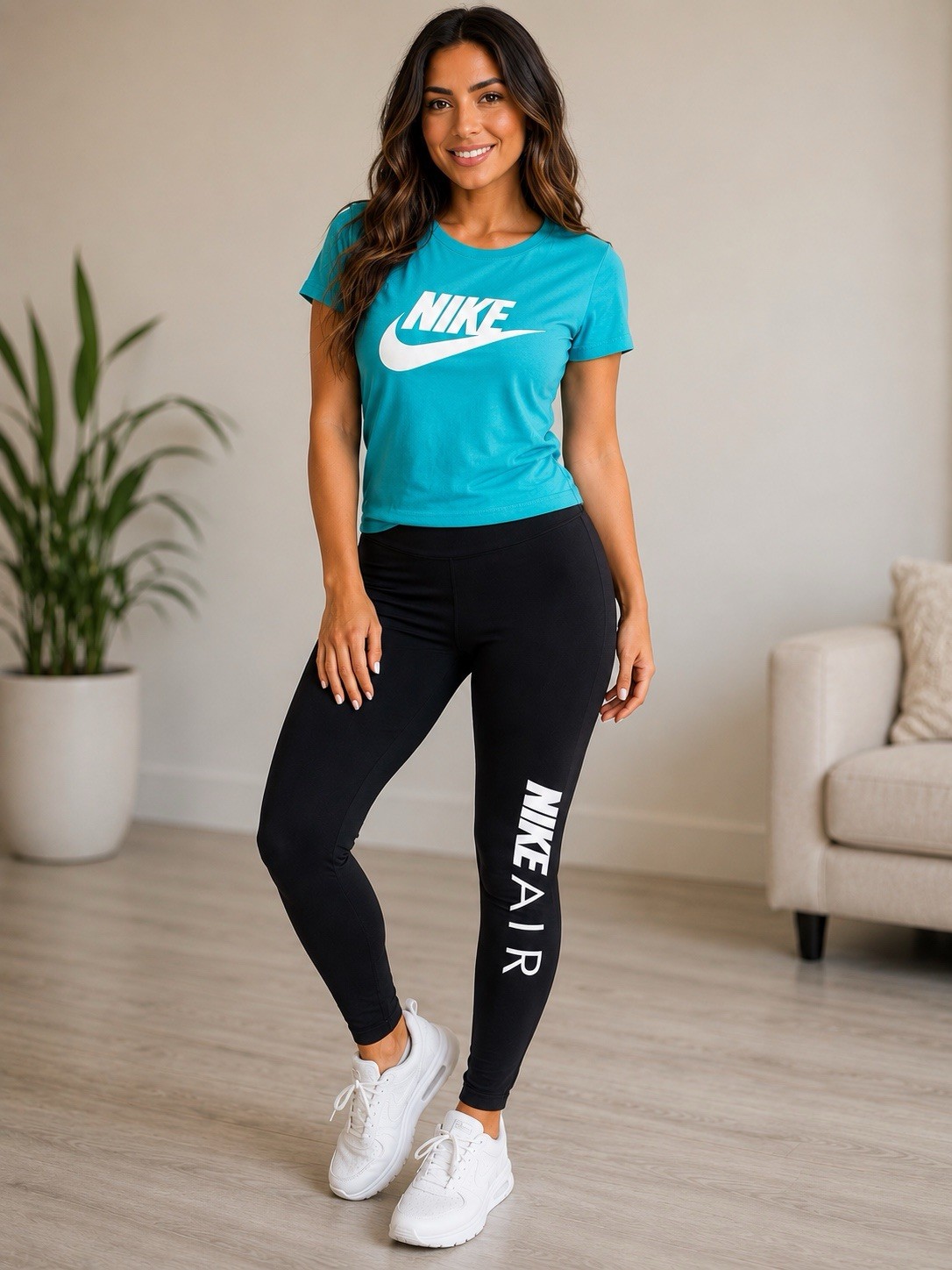 Nike air Women’s Med Black Leggings With Aqua Blue Shirt