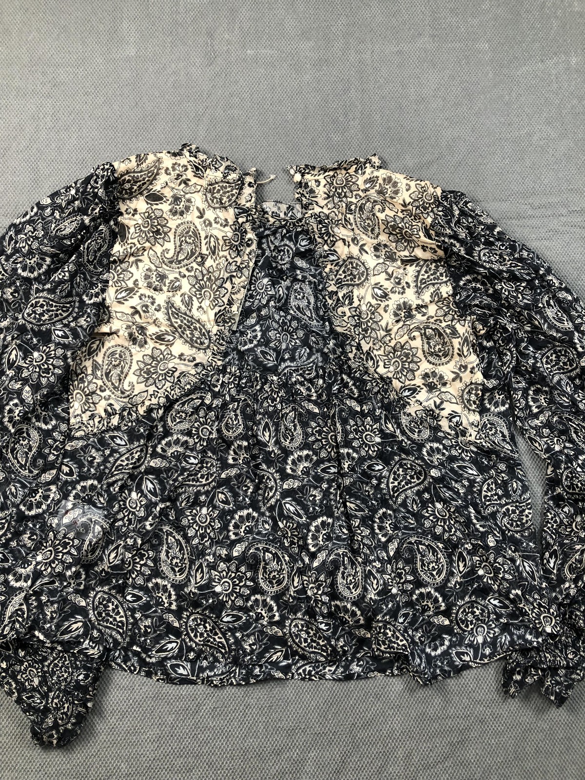 Boden Blouse Womens 8 Black Round Neck Long Sleeve Paisley Ruffle Sheer NWT