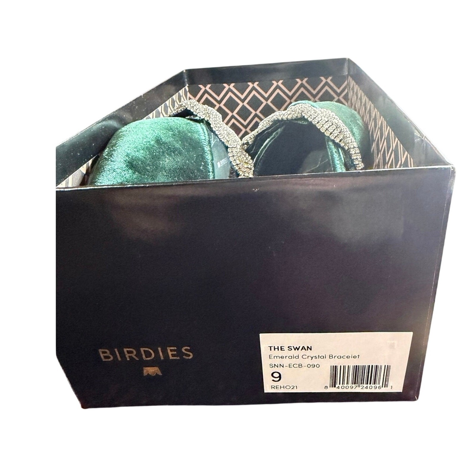 Birdies “the Swan” emerald green velvet and rhinestone strapped slides sz 9