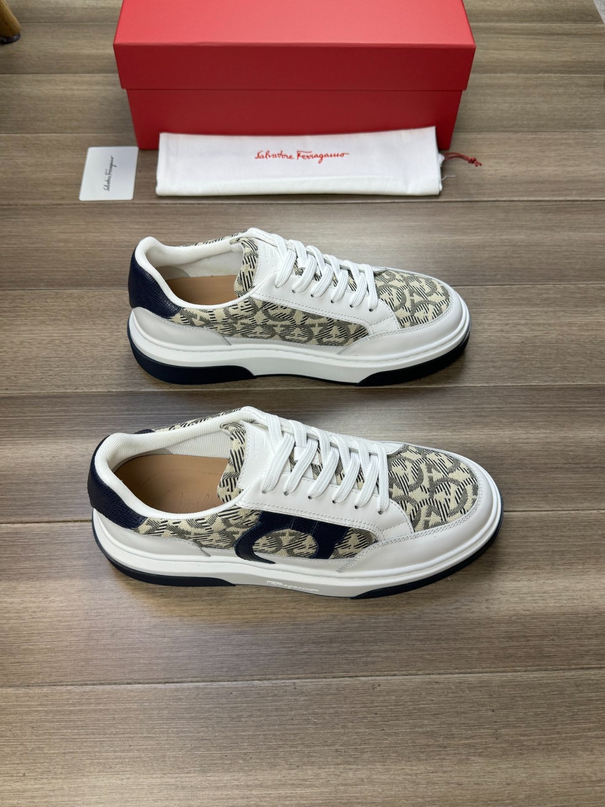 Salvatore Ferragamo White Navy Monogram Gancini Canvas Leather Sneakers Shoes
