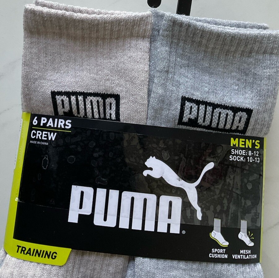 Men PUMA Cushioned Crew Mesh Vent. Socks 6 Pairs Size 8-12 Assorted w Logo New