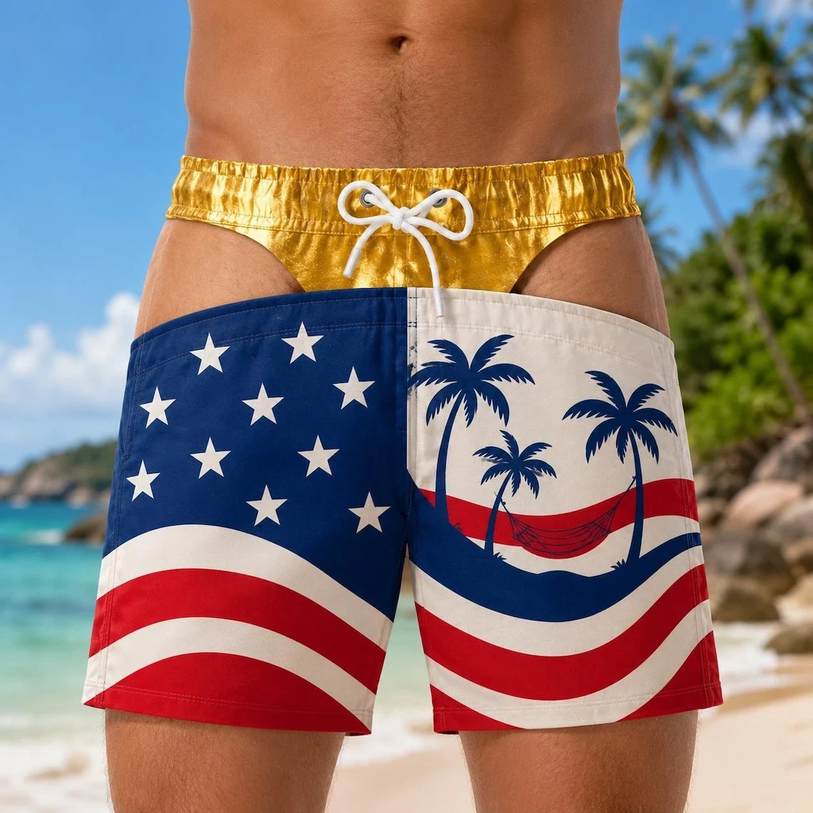 Custom Funny Patriotic Men Swim Trunks, Personalized Hairy Butt Beach Shorts