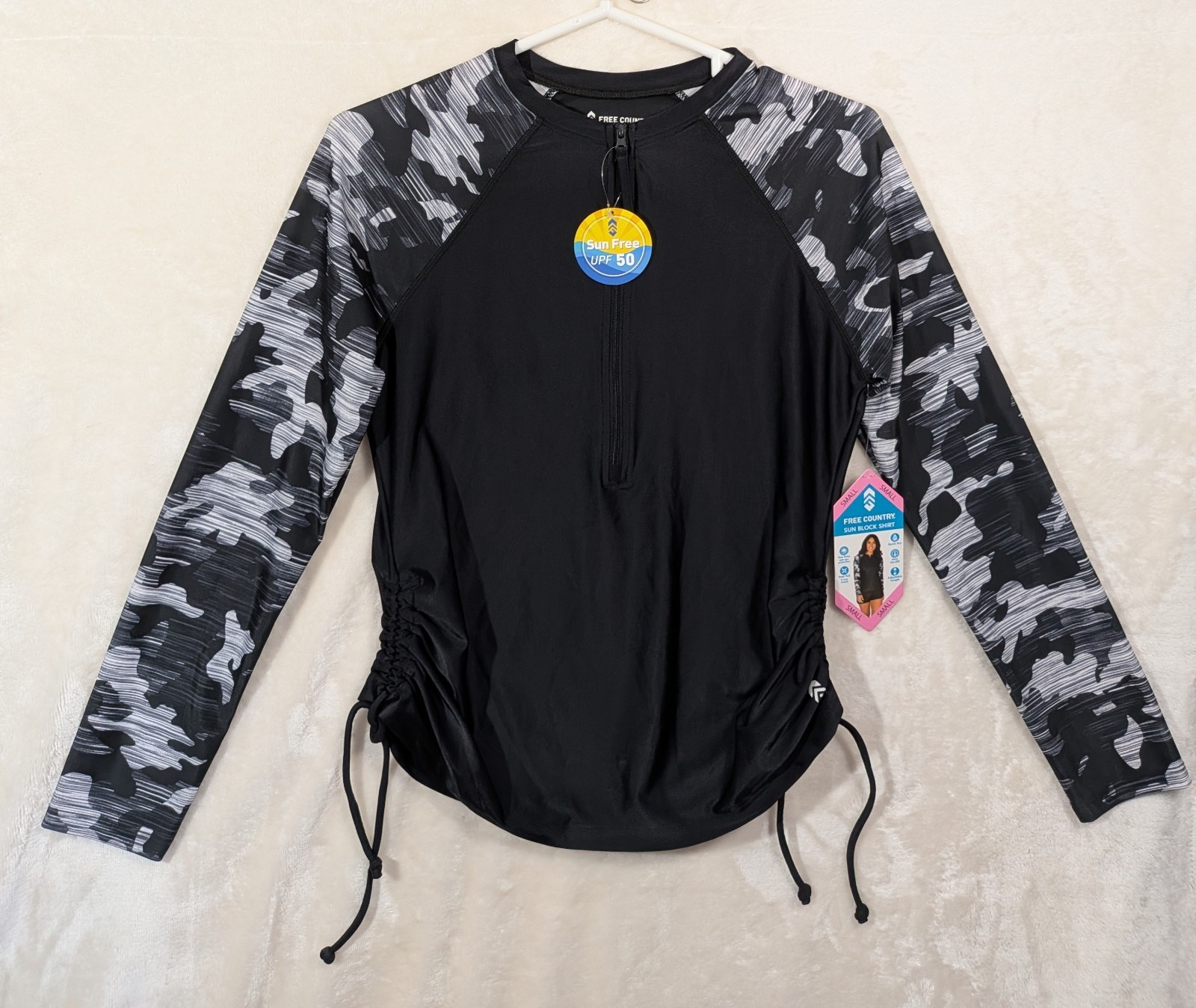 Free Country Women’s Small 4/6 Black Camo Stretch 1/2 Zip Sun Block Shirt UPF 50