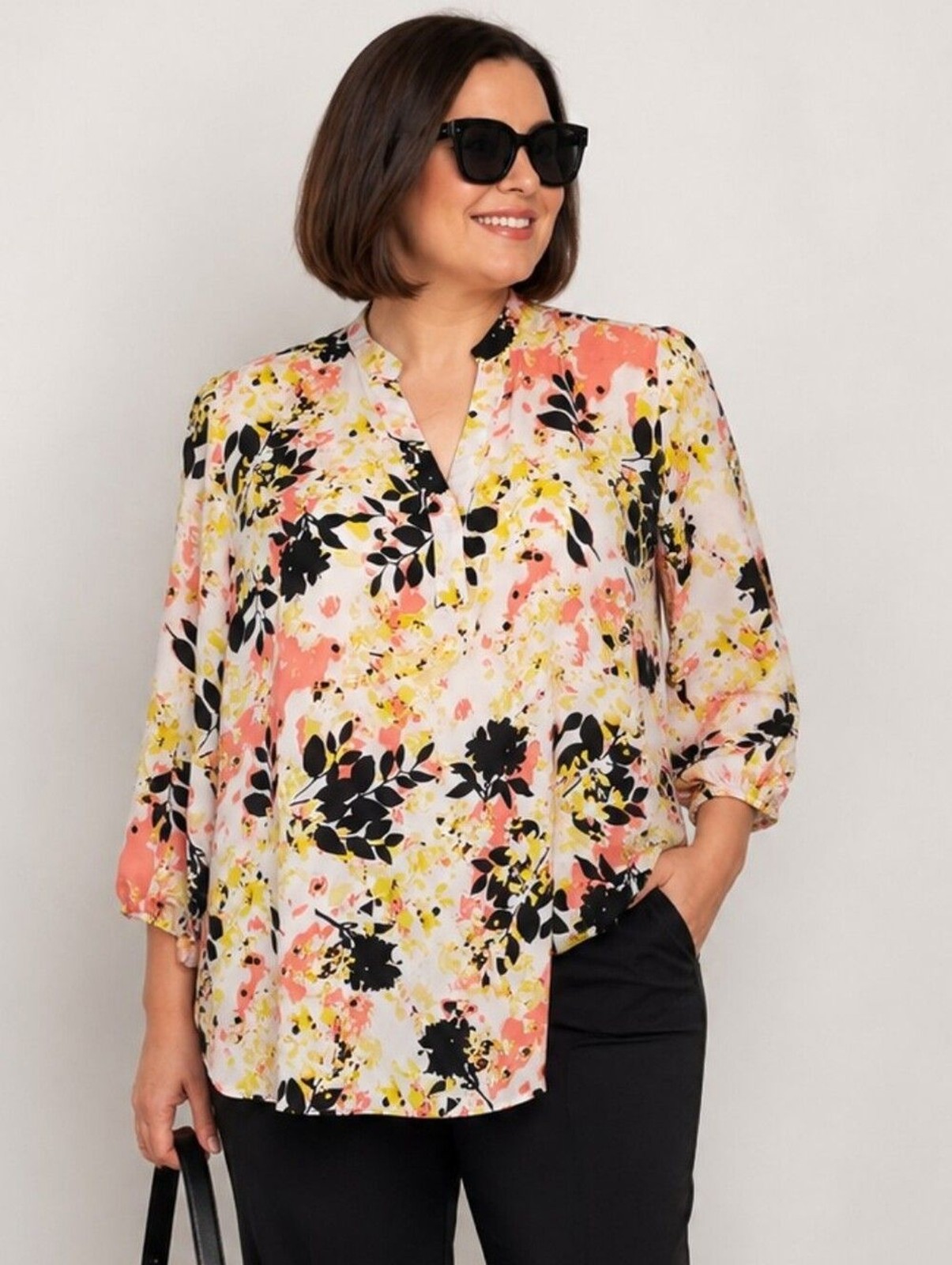 Women’s Plus Size 0X Semi Sheer Abstract Print Blouse Yellow Summer
