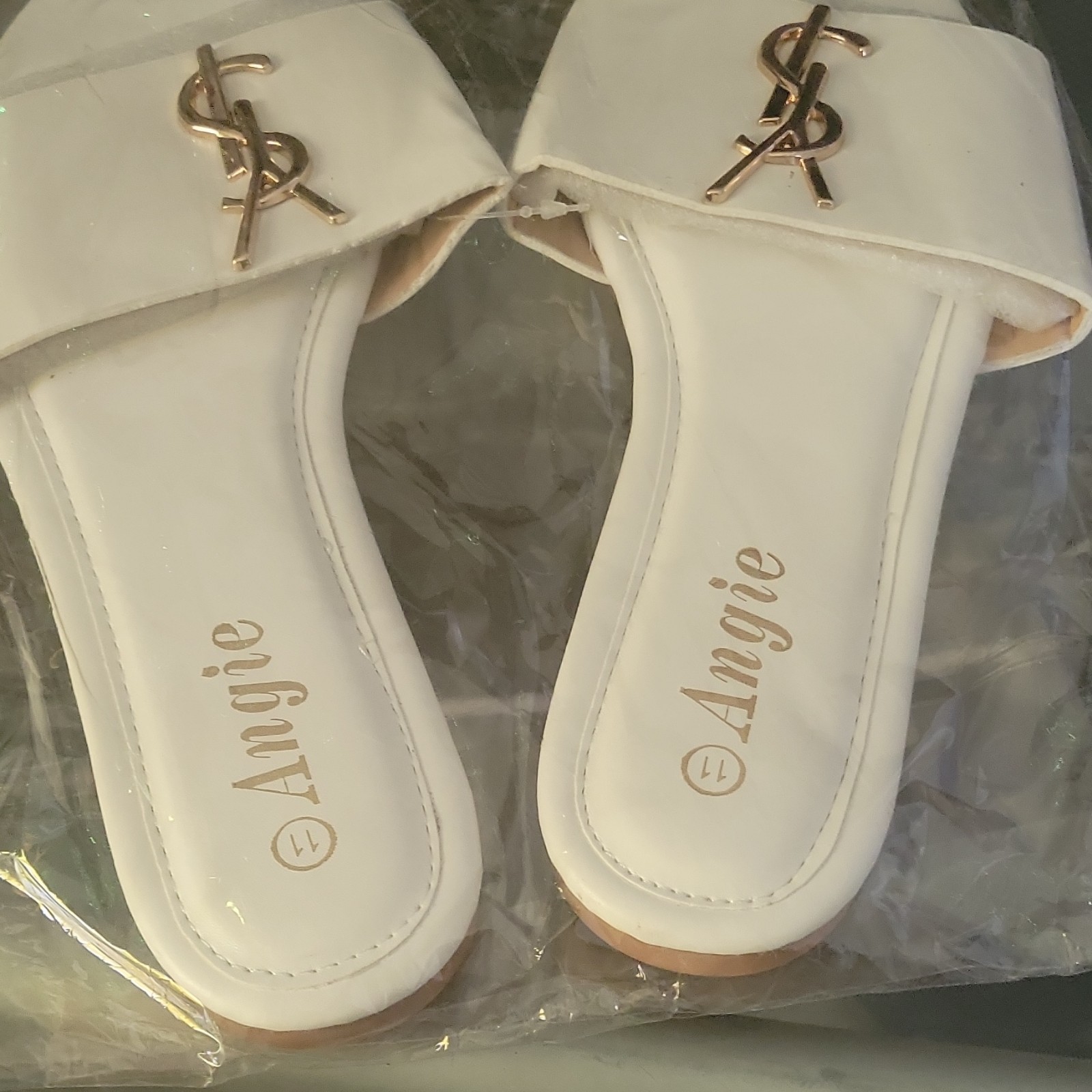 Angie Women’s White Slip-On Slide Sandals with Logo Accent, Solid Casual, Size 7