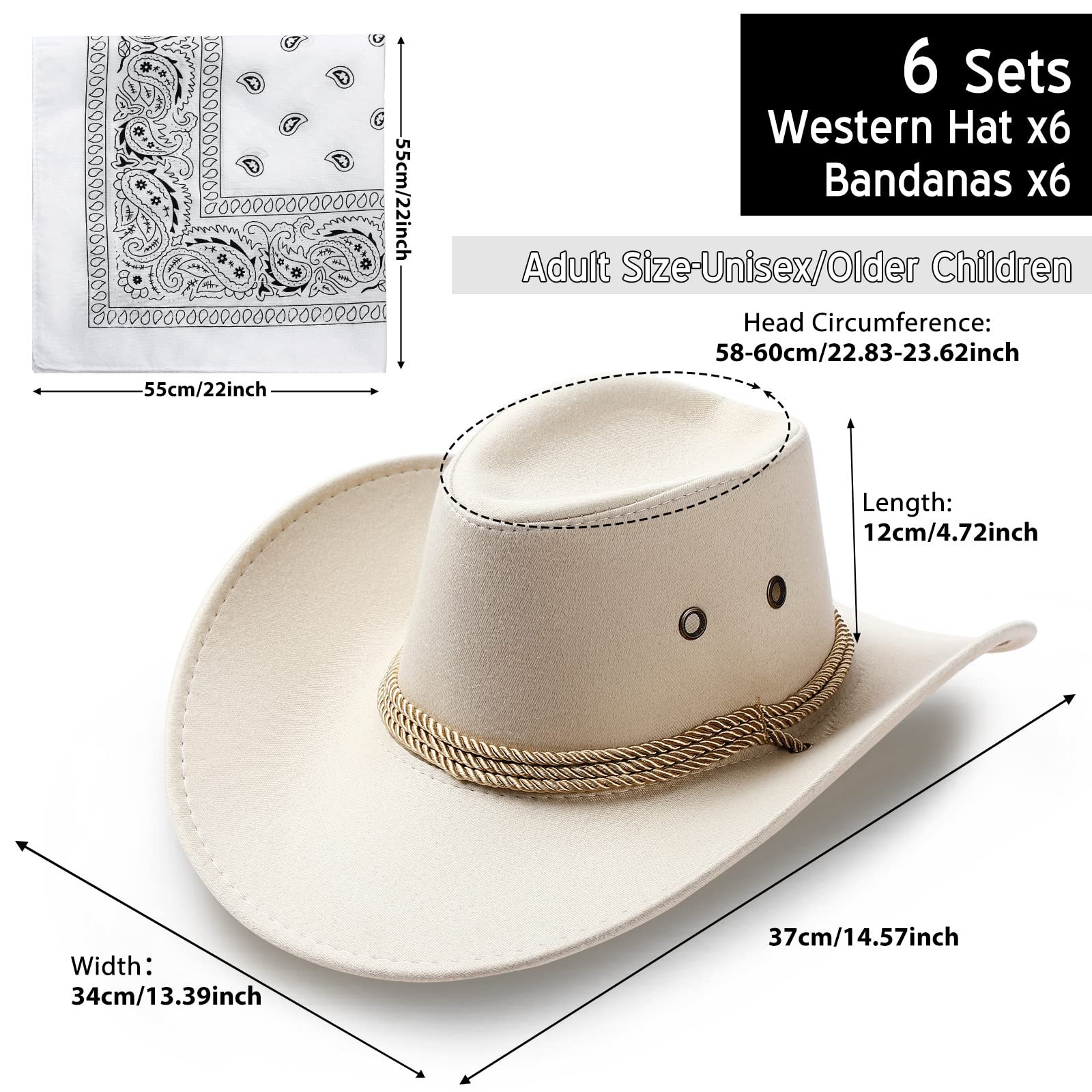 12 Pieces Cowboy Hats and Bandanas Bulk Cowboy Cowgirl Hats Costume Party for