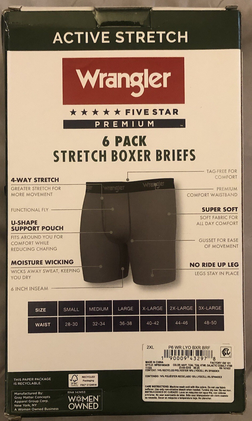 Wrangler Men’s 2XL 44-46 Active Stretch Boxer Briefs 6 PK Moisture Wicking Fly