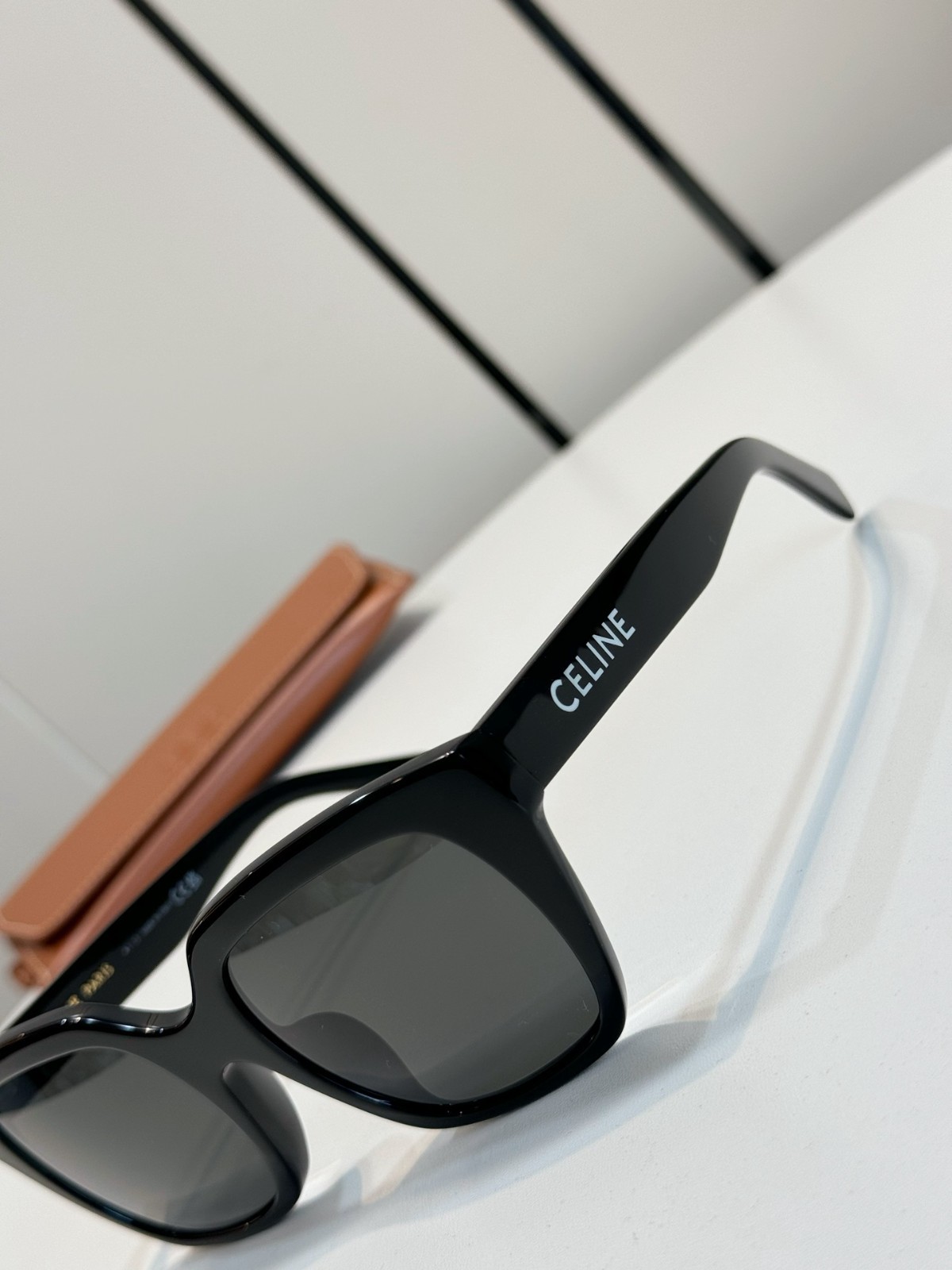 Celine Square Sunglasses Shiny Black Acetate Bold Logo Designer Eyewear