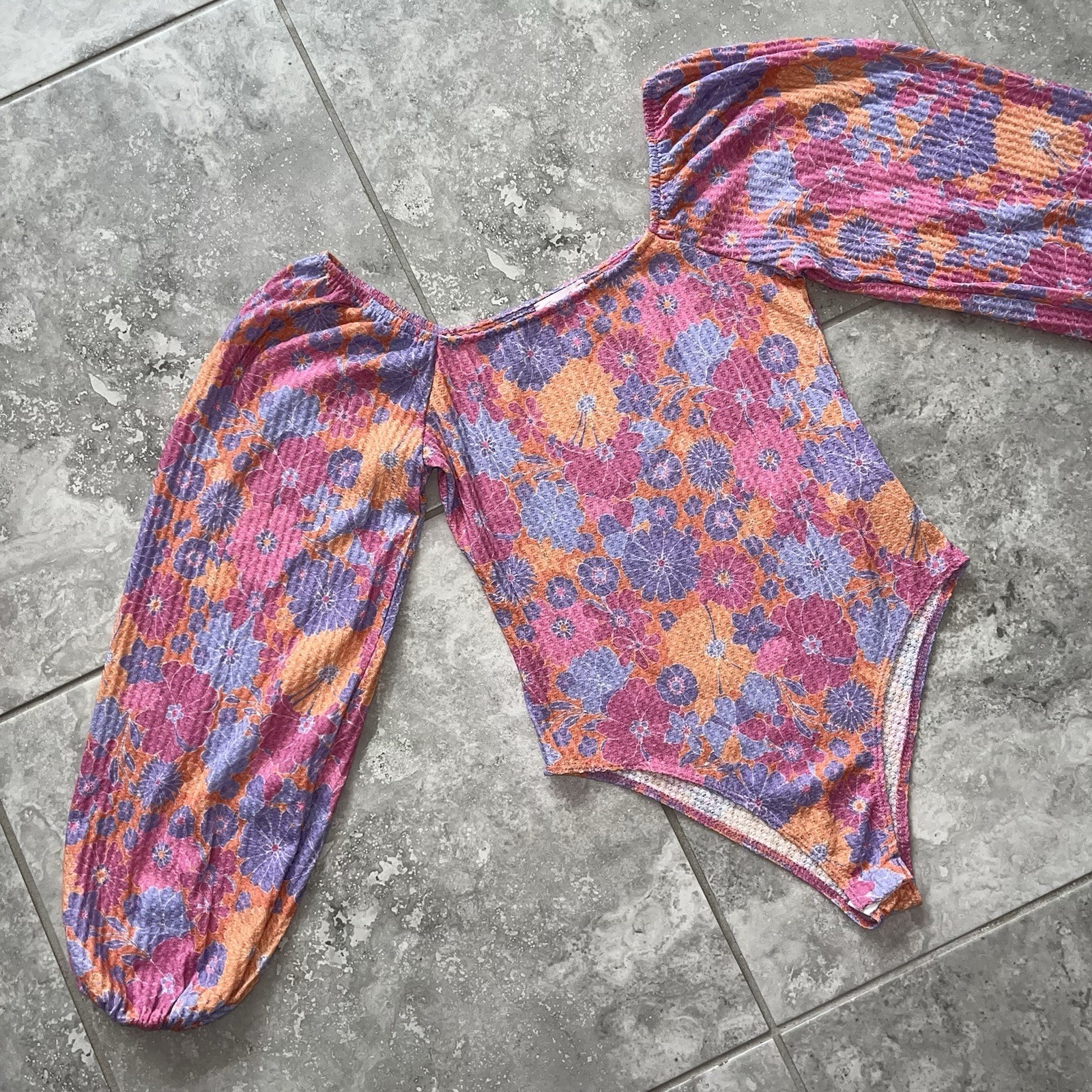 Pink Lily Balloon Sleeve Thong Bodysuit Top Pink Floral Hippie 90s Boho New S