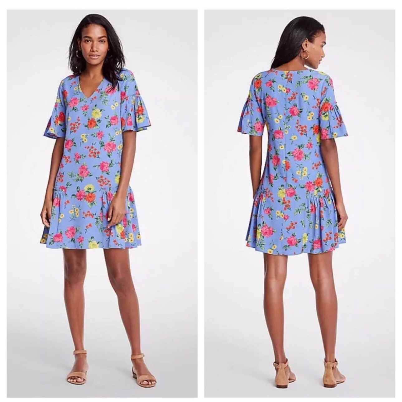 NWT Ann Taylor Floral Flutter Print Shift Dress Sz 12 Ruffle Hem Short Sleeve