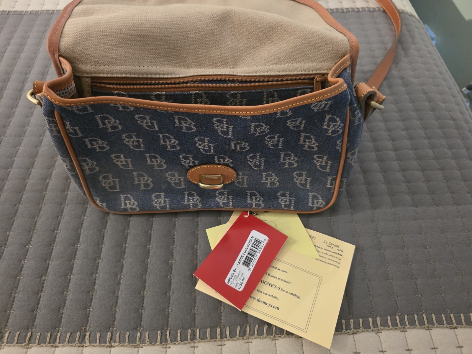 Dooney & Bourke Signature Vintage Equestrian Bag Blue Denim Brown Leather Trim