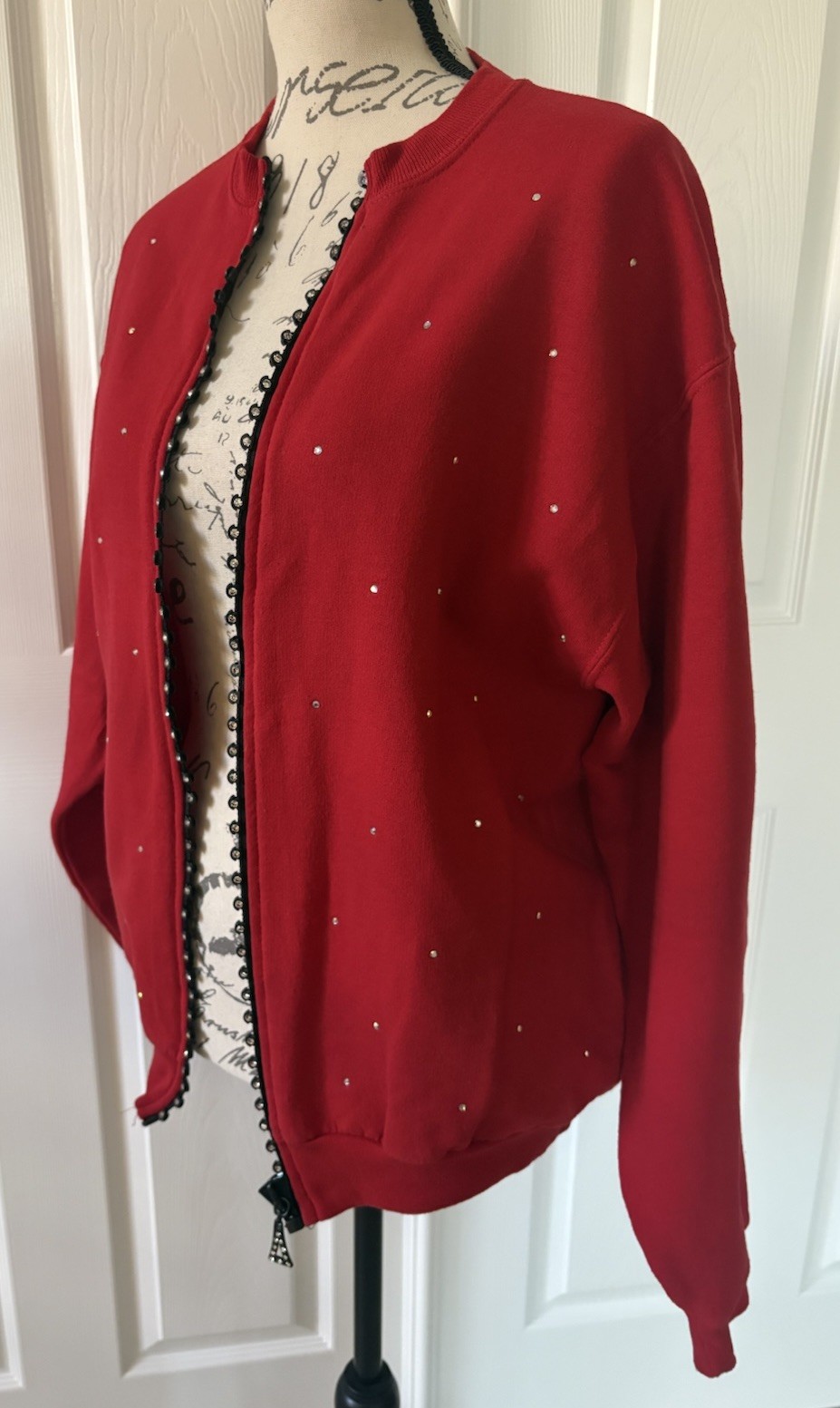 GET LUCKY Bling Studded Sweatshirt Jacket Rhinestone Accent Full Zip Red M