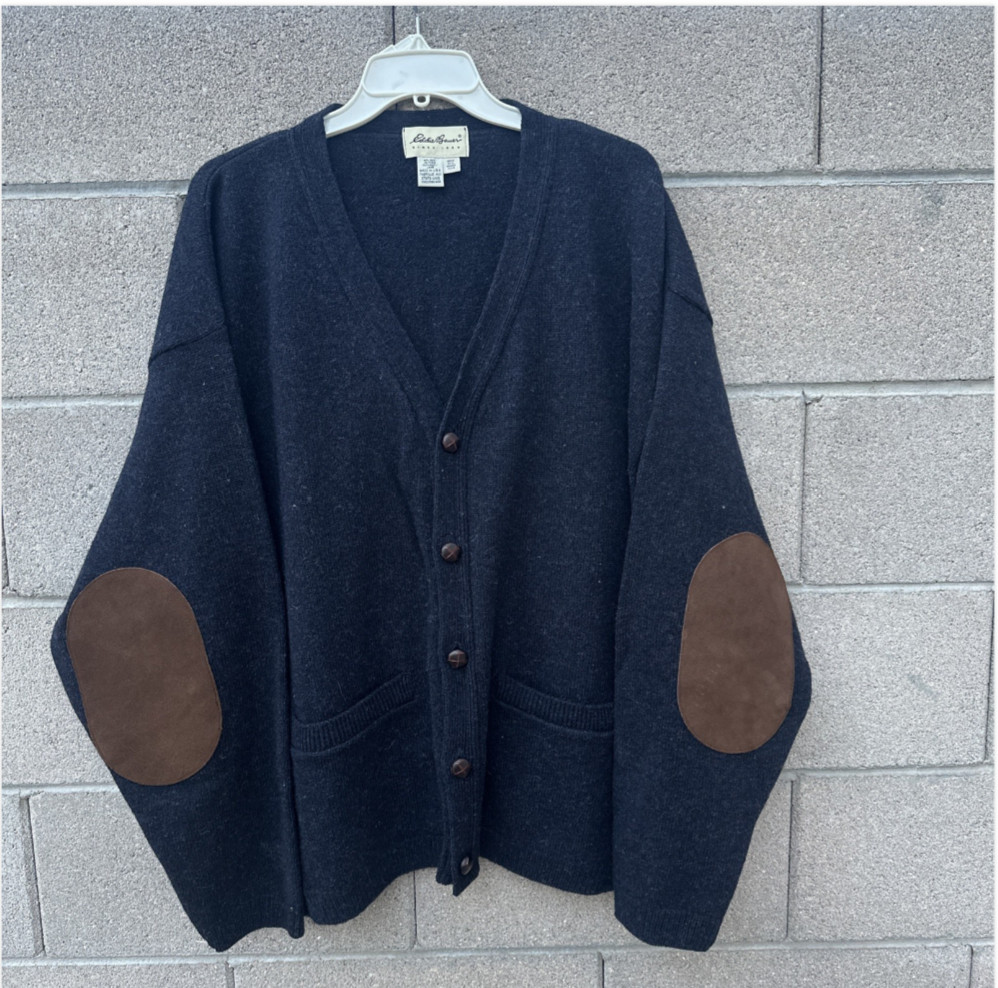 VTG Eddie Bauer 100% Wool Dark Navy Blue Elbow Patch Cardigan XXXL 3XL