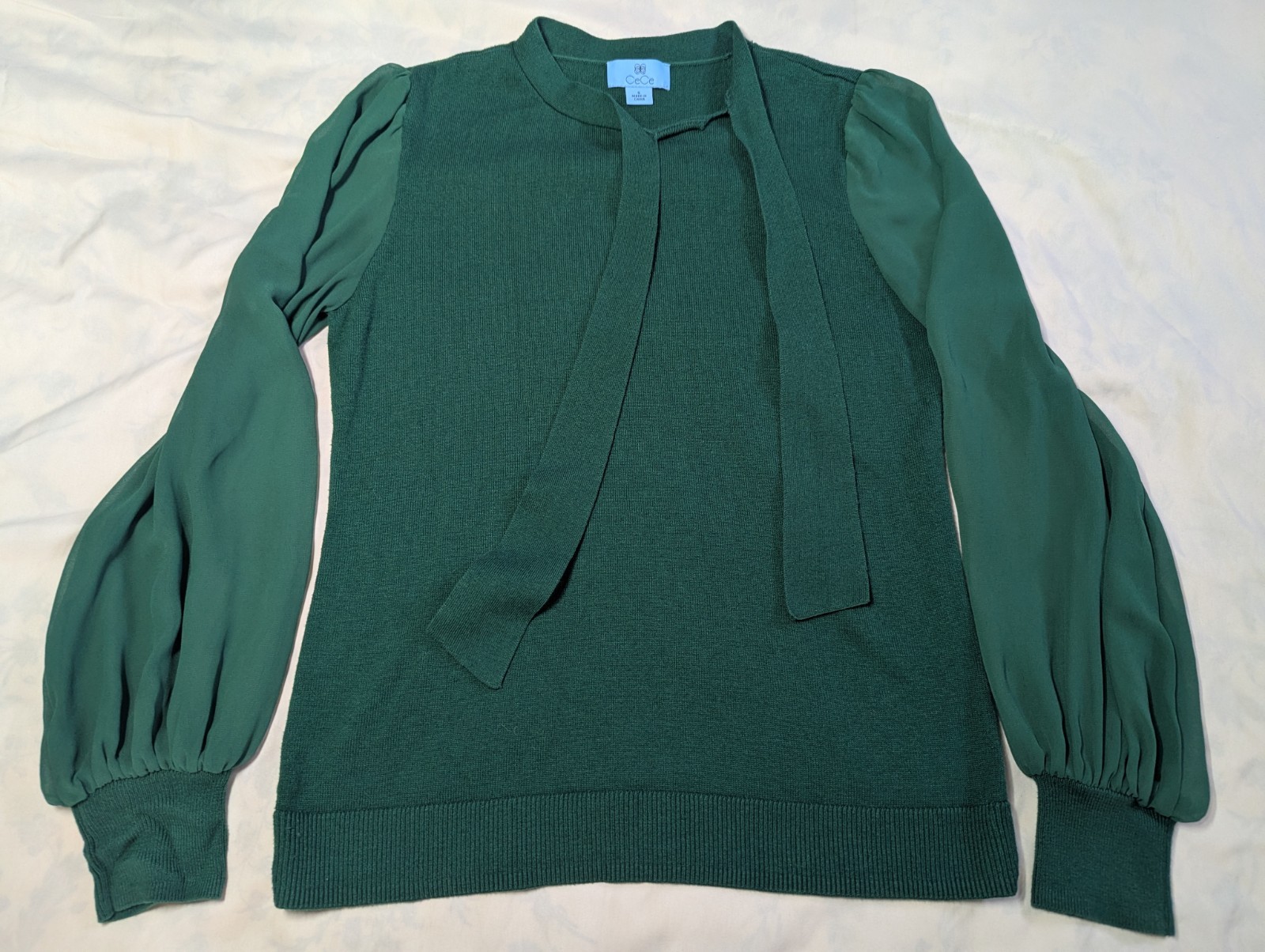 CeCe Women’s Green Tie Neck Sweater Blouse Size S Cotton Modal Balloon Sleeve