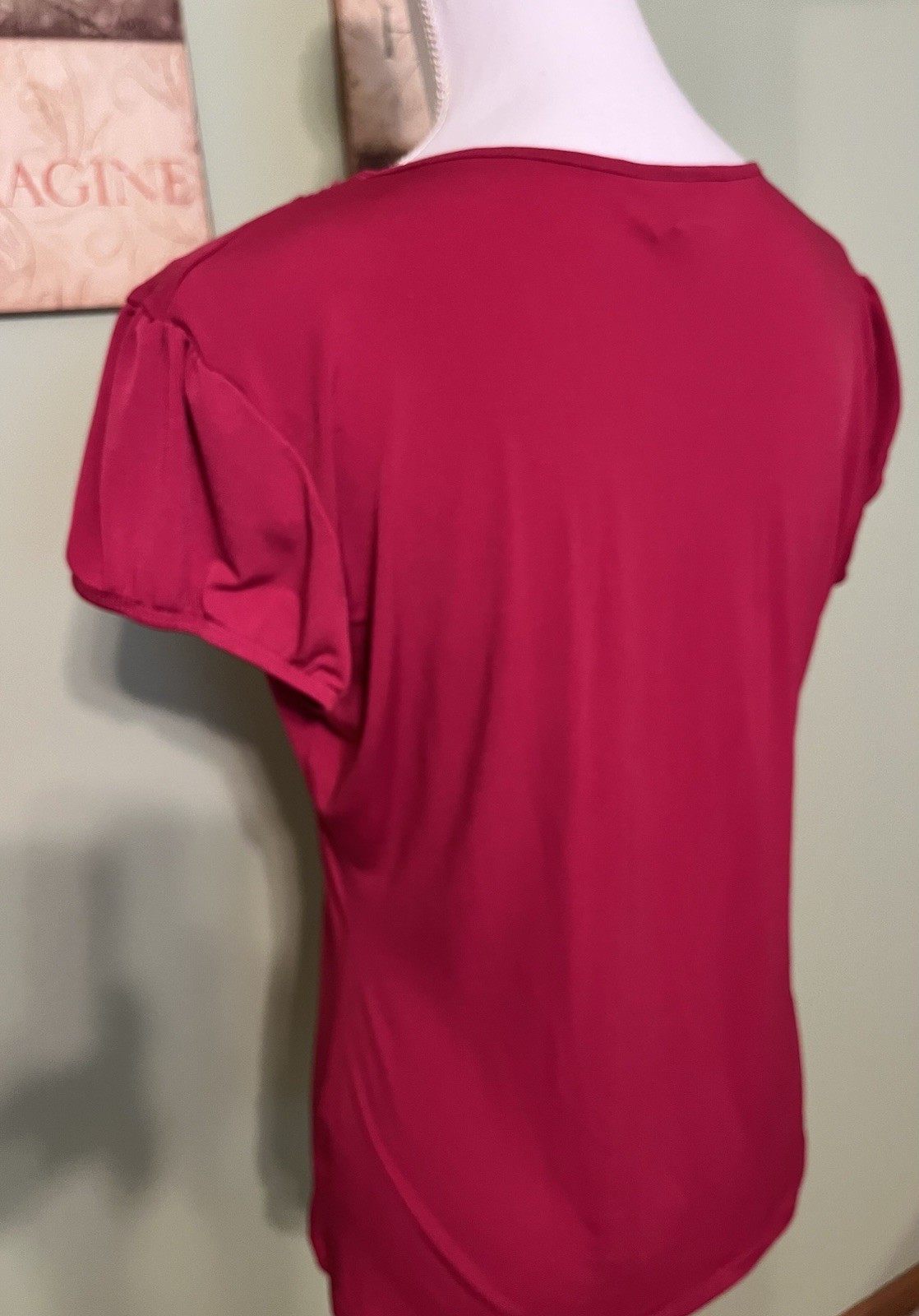 Worthington Cranberry Colored Short Sleeve Top With Embellished Neckline- Size M