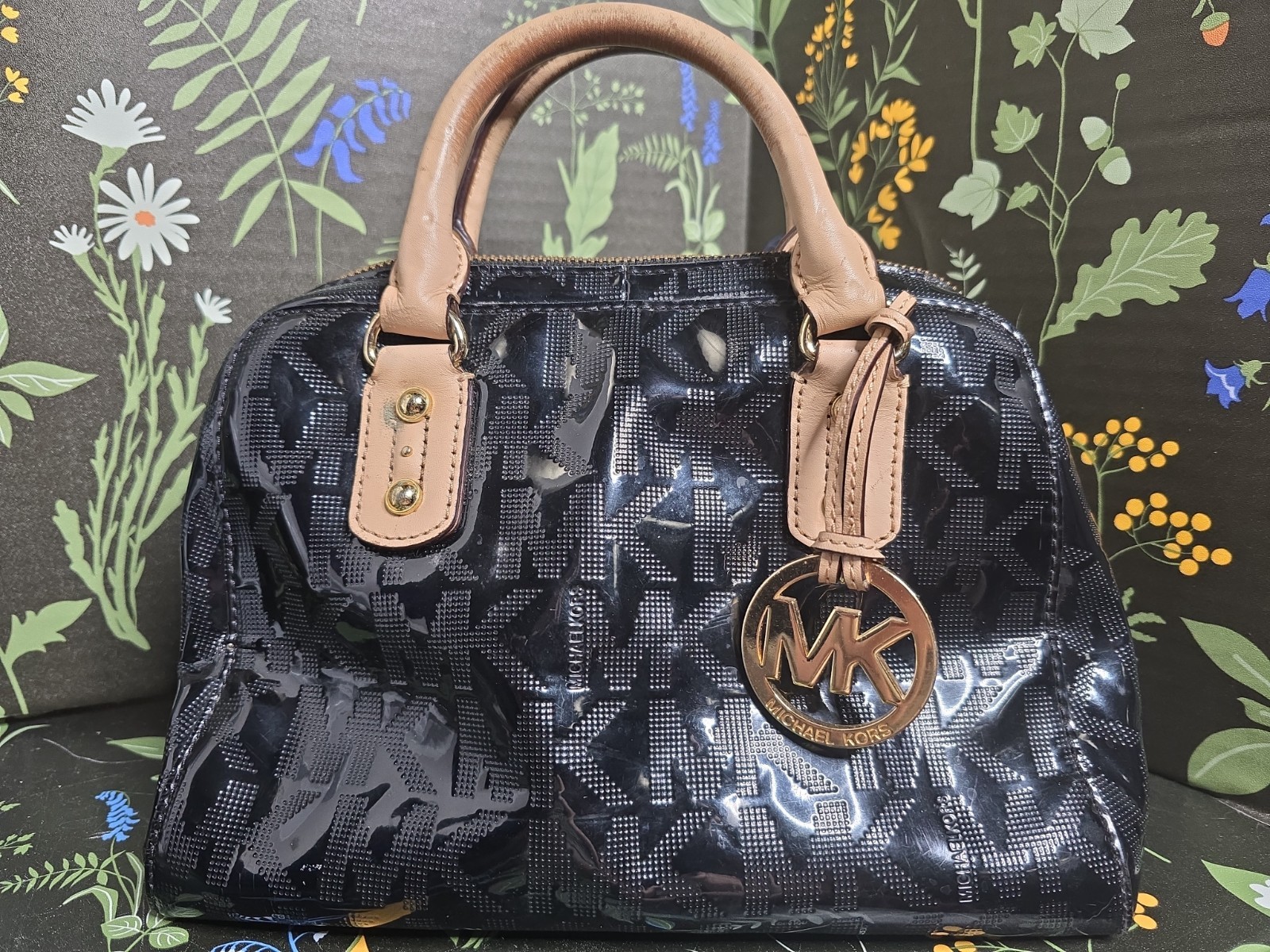 USED Michael Kors Black Logo Black Patent Leather Tote Handbag Purse Read Desc