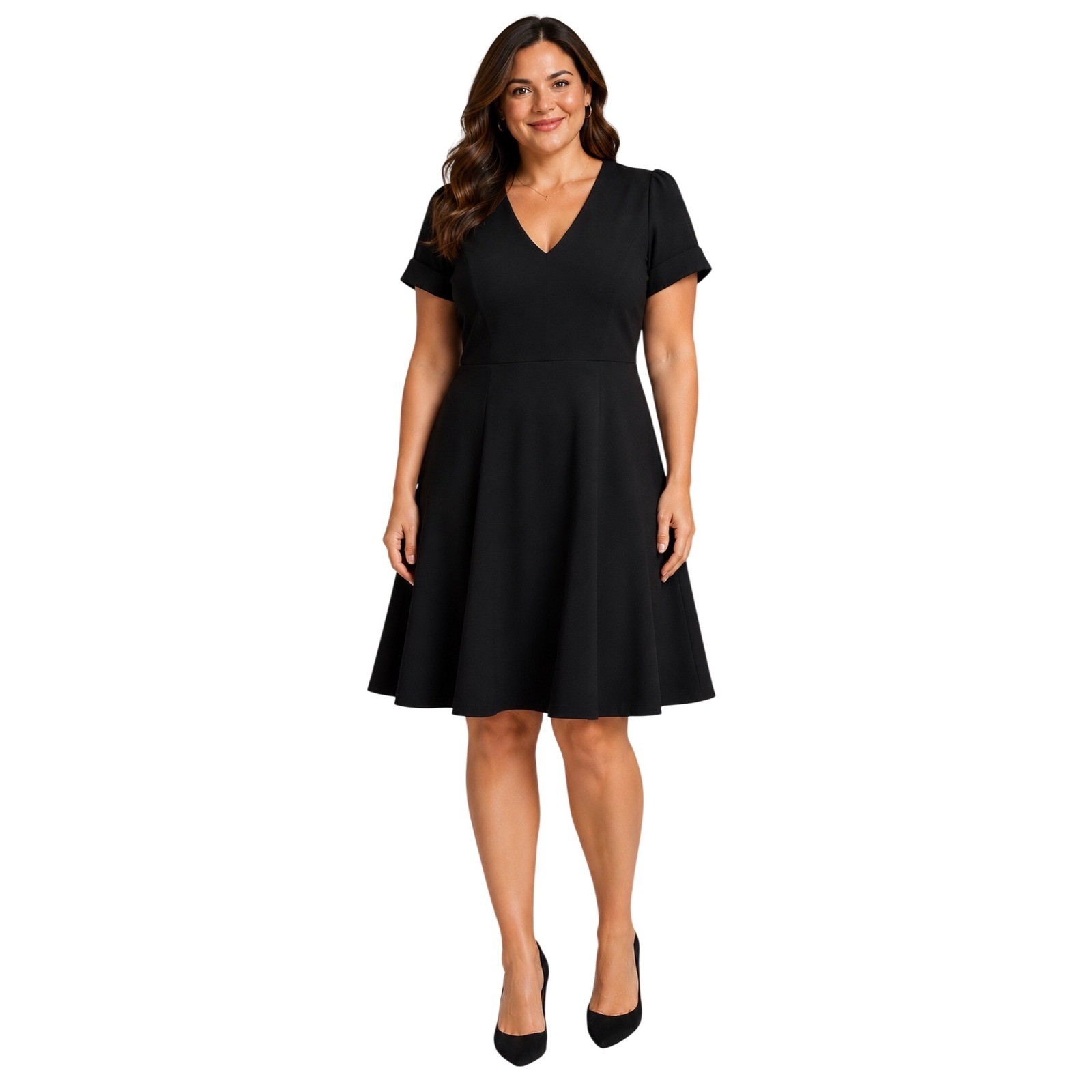 NWT DKNY Black Fit & Flare V-Neck Dress Petal Sleeve 18W