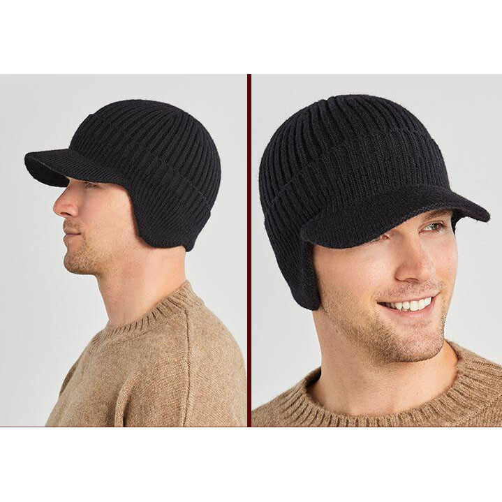 Men Women Knit Hat Winter Warm Stretch Beanie Ear Flaps Cap Outdoor Brim Ski Hat