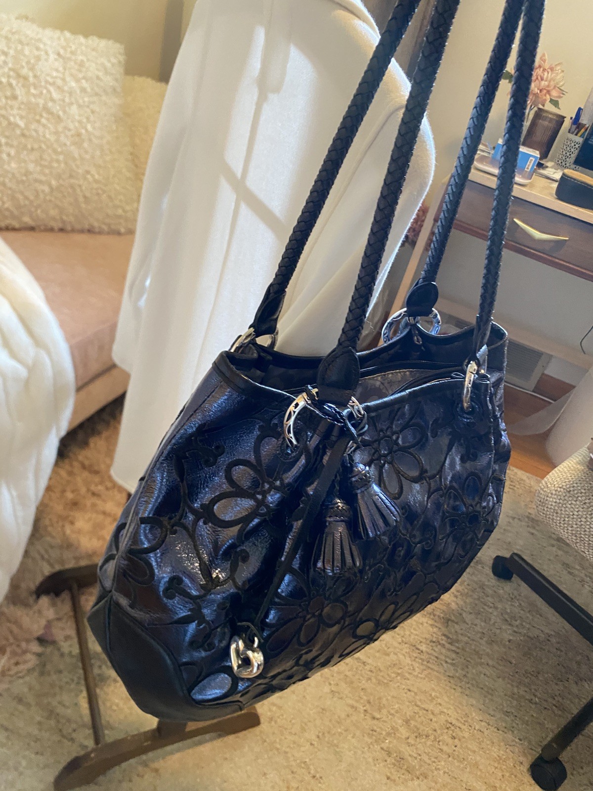 Brighton Valencia Sapphire Blue Metallic Leather Embroidered Flowers EUC