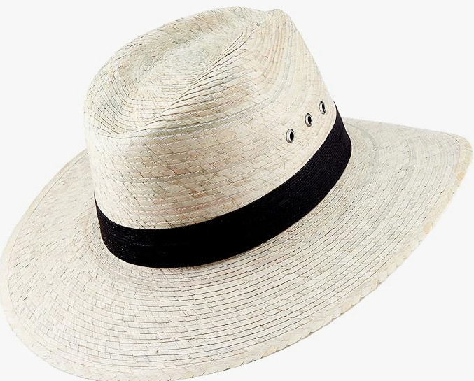 Mexican Palm Leaf Straw Indiana Wide Brim Hat, Light Tan w/Grommets