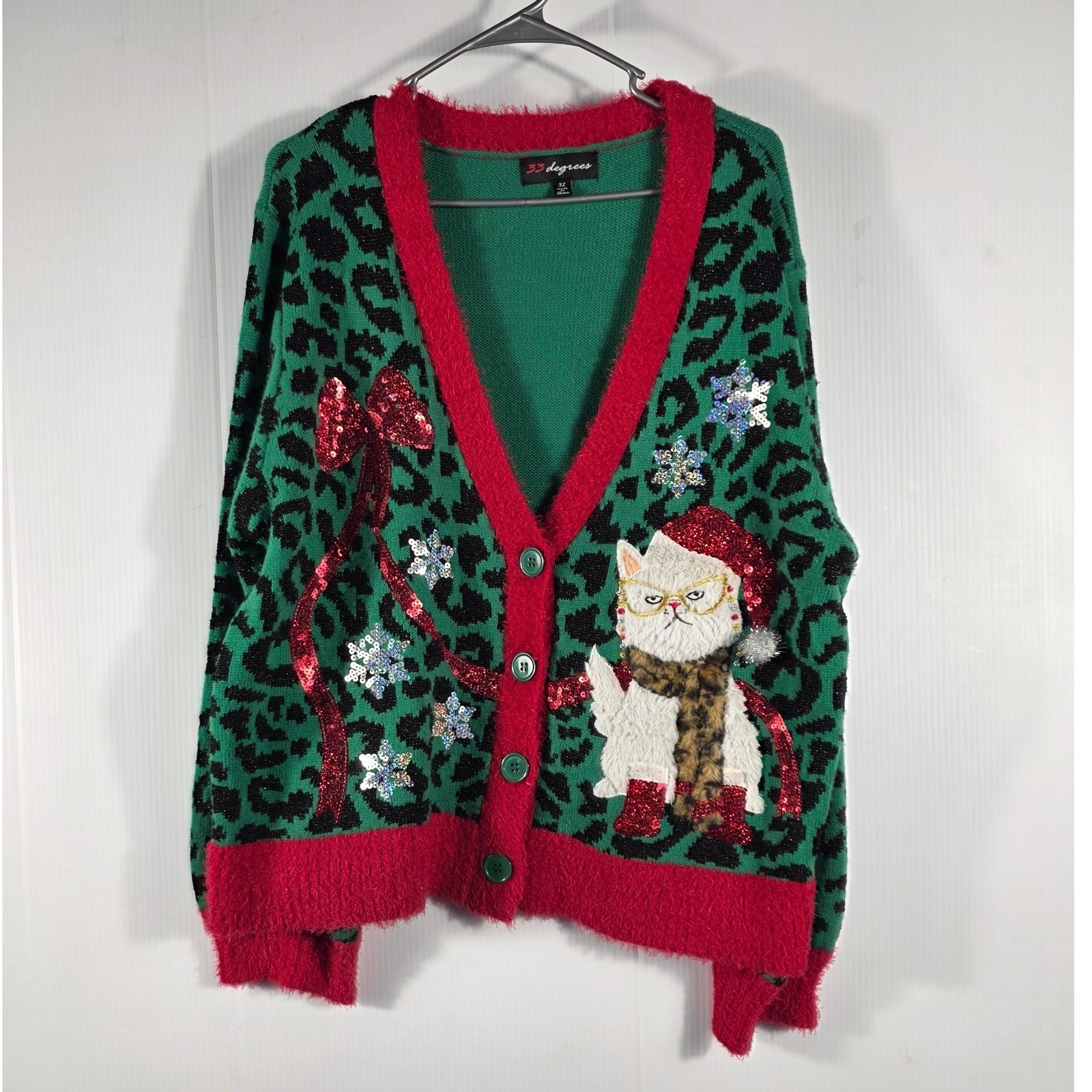 33 Degrees Womens Green Leopard Print Grumpy Cat Ugly Christmas Cardigan XL