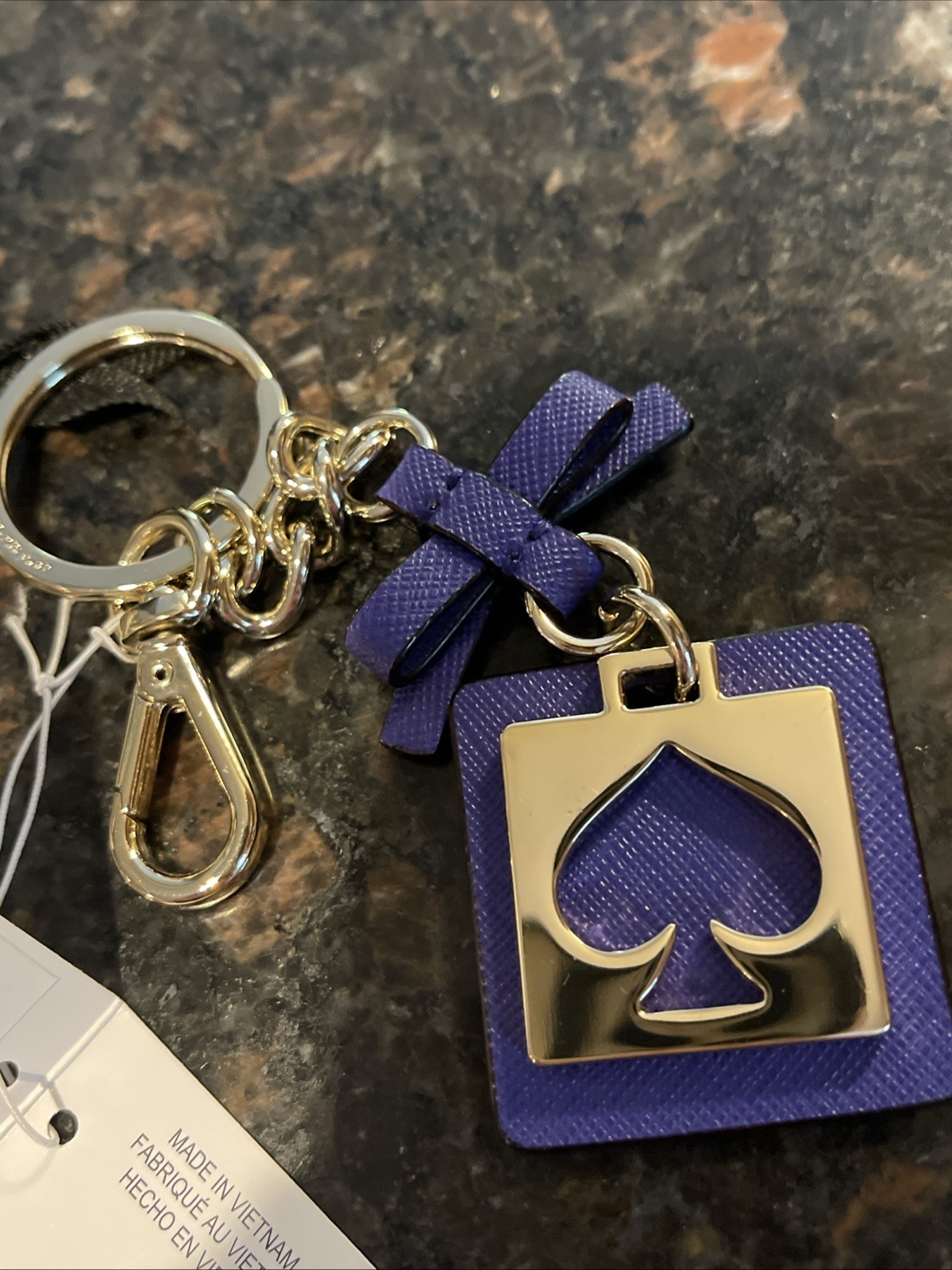 NWT Kate Spade Cutout Spade Gold Key Chain Fob Bag Charm Purple Leather