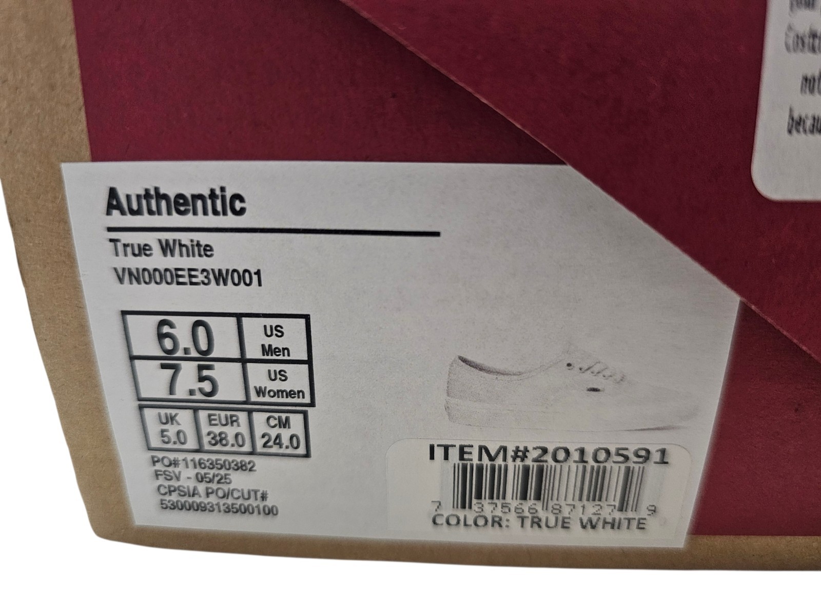 New In Box Vans Authentic True White Unisex M6 W7.5