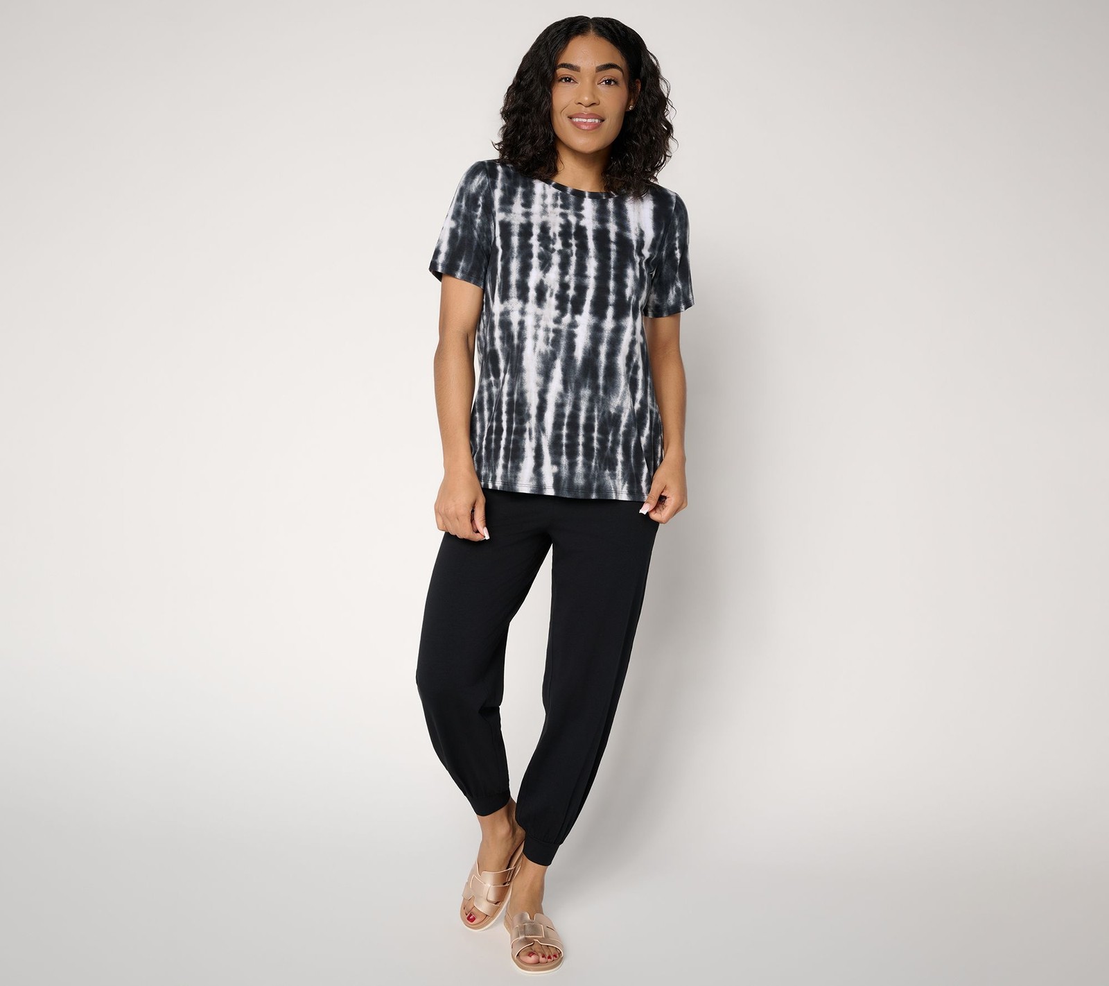 Anybody Regular Cozy Knit Printed Tee & Jogger Set Black 1X New