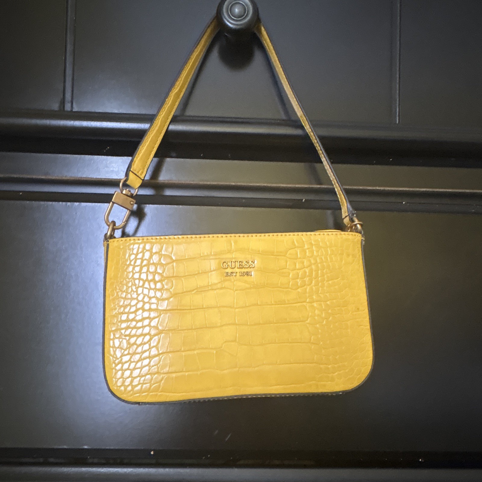GUESS Women’s Yellow Crocodile Shoulder Bag, Zip Closure, Gold Hardware